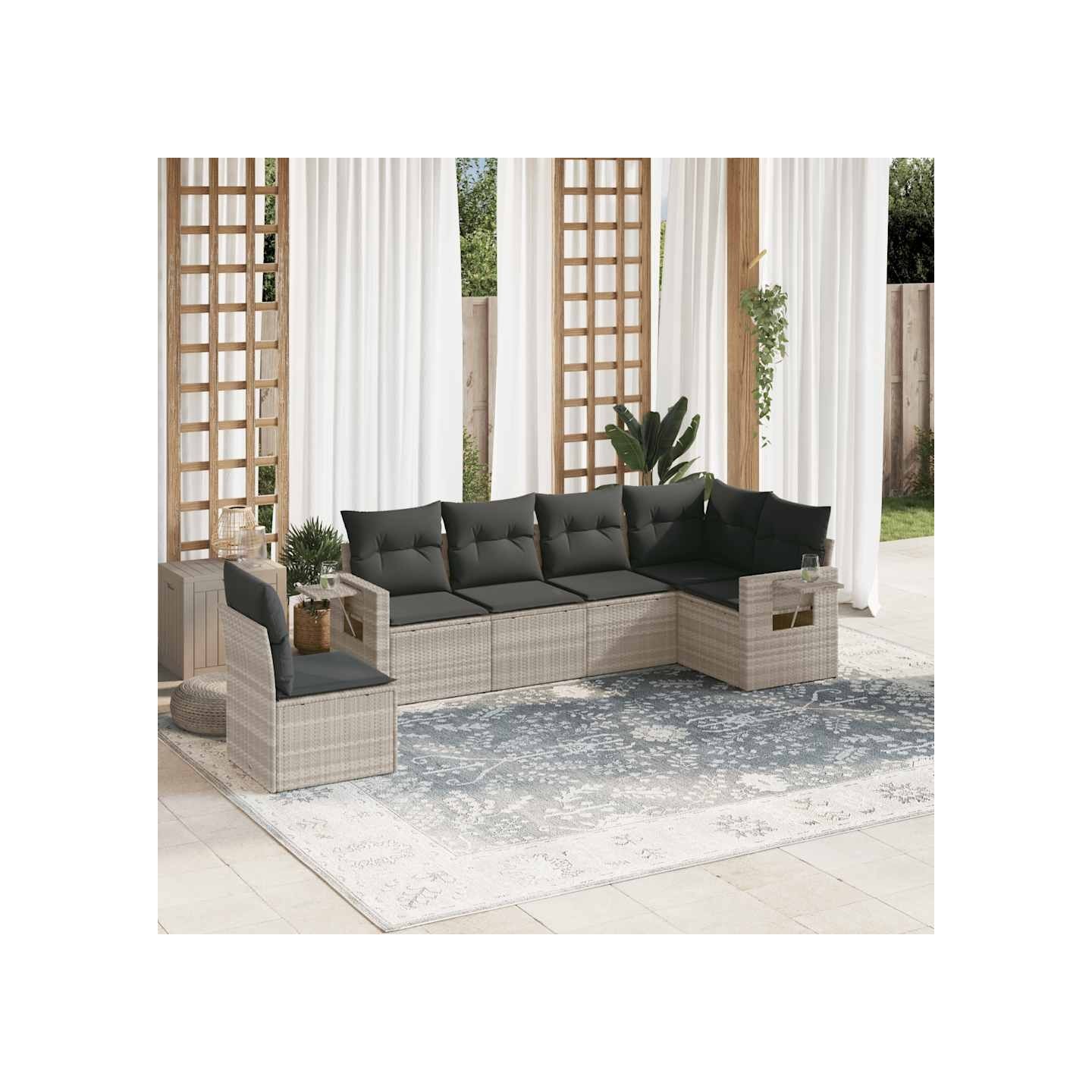 Salon de jardin 6 pcs avec coussins gris clair résine tressée