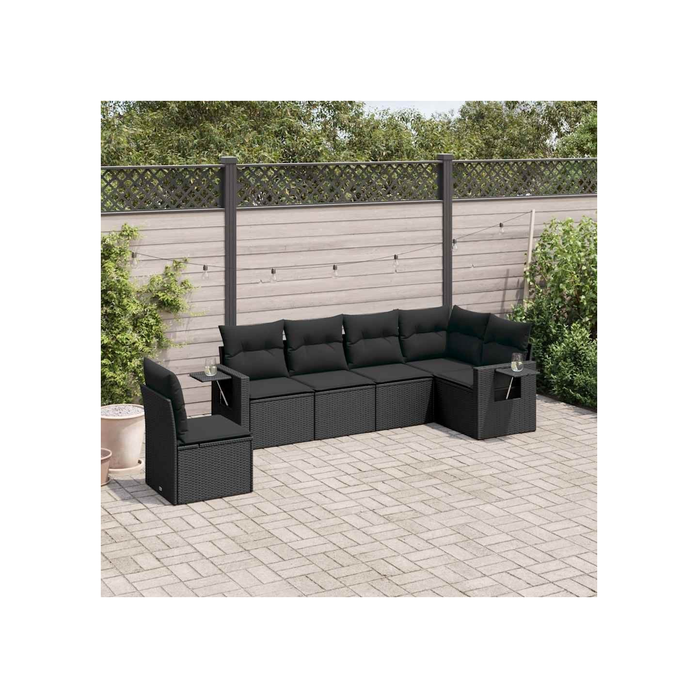 Salon de jardin 6 pcs avec coussins noir résine tressée