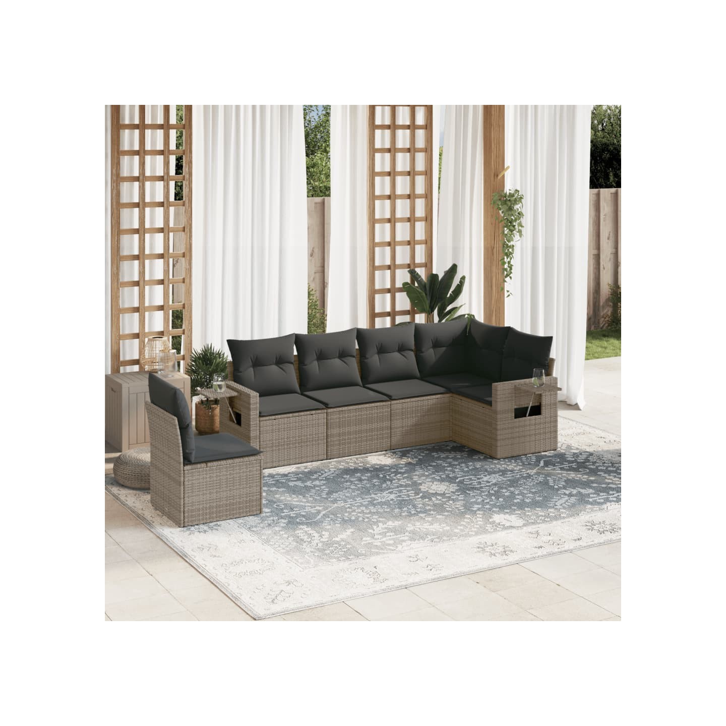 Salon de jardin 6 pcs avec coussins gris résine tressée