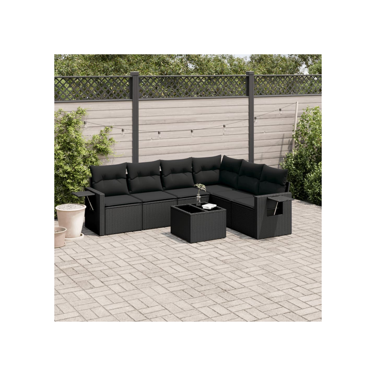 Salon de jardin 7 pcs avec coussins noir résine tressée