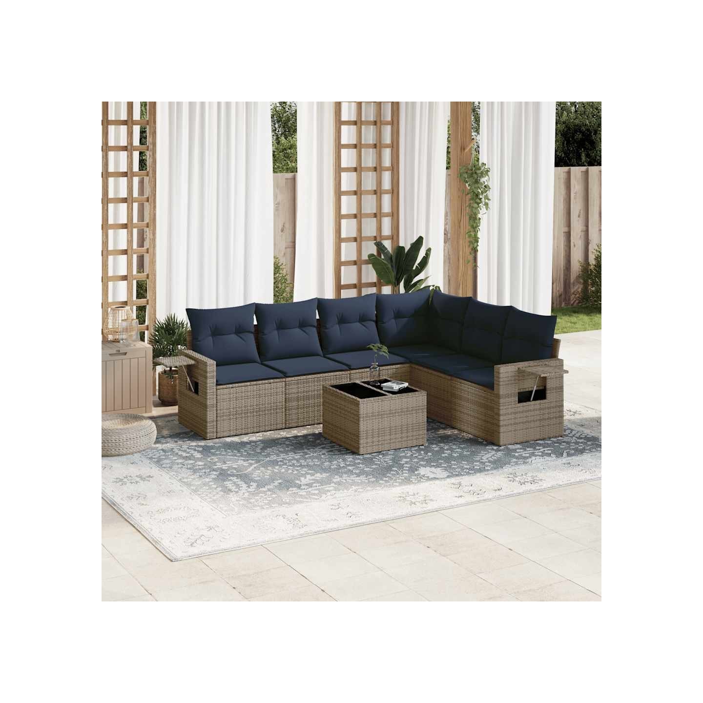 Ensemble de canapé de jardin 7 pcs avec coussins gris résine tressée