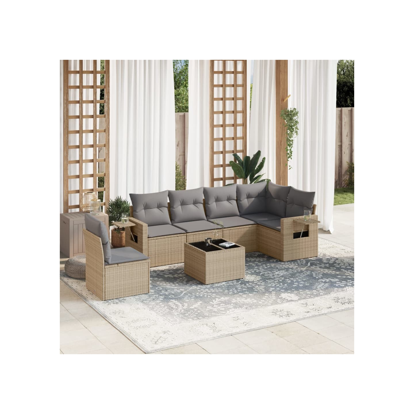Salon de jardin avec coussins 7 pcs beige résine tressée