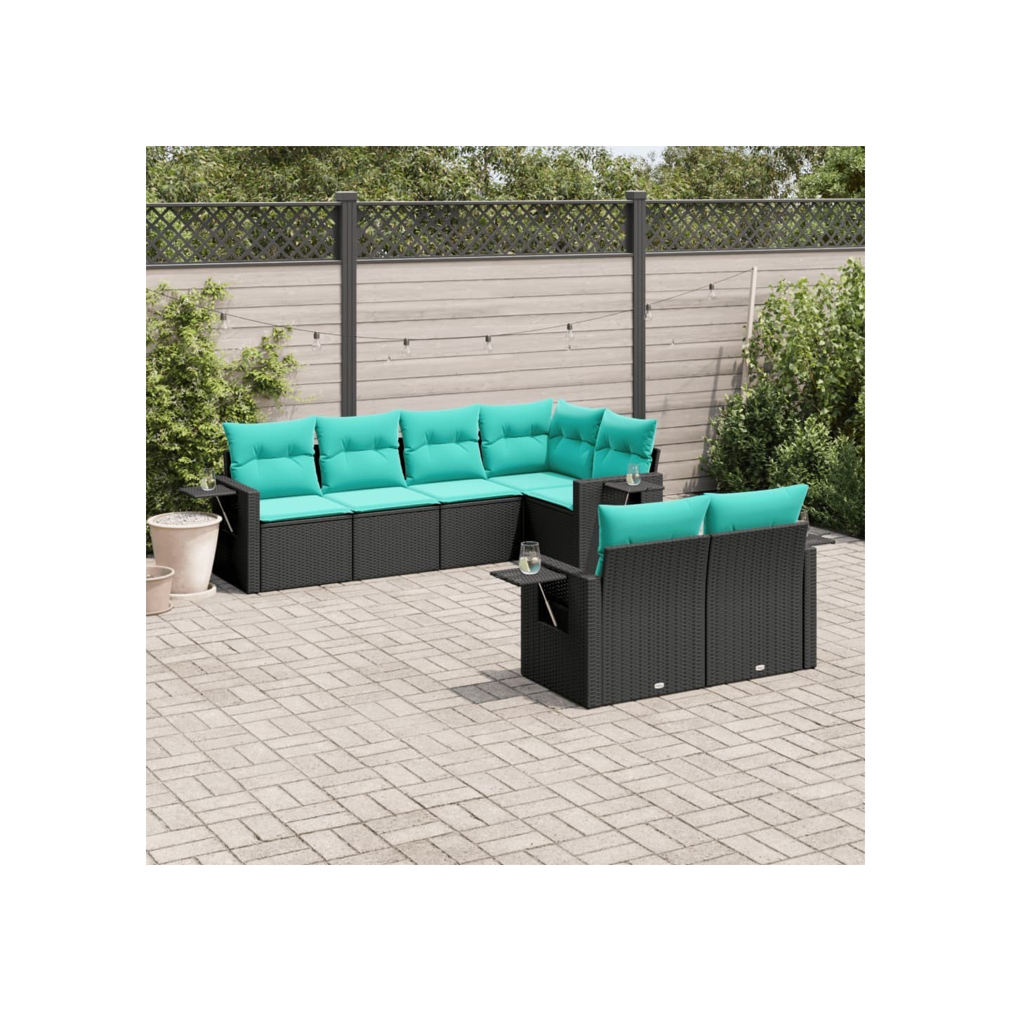 Salon de jardin 7 pcs avec coussins noir résine tressée