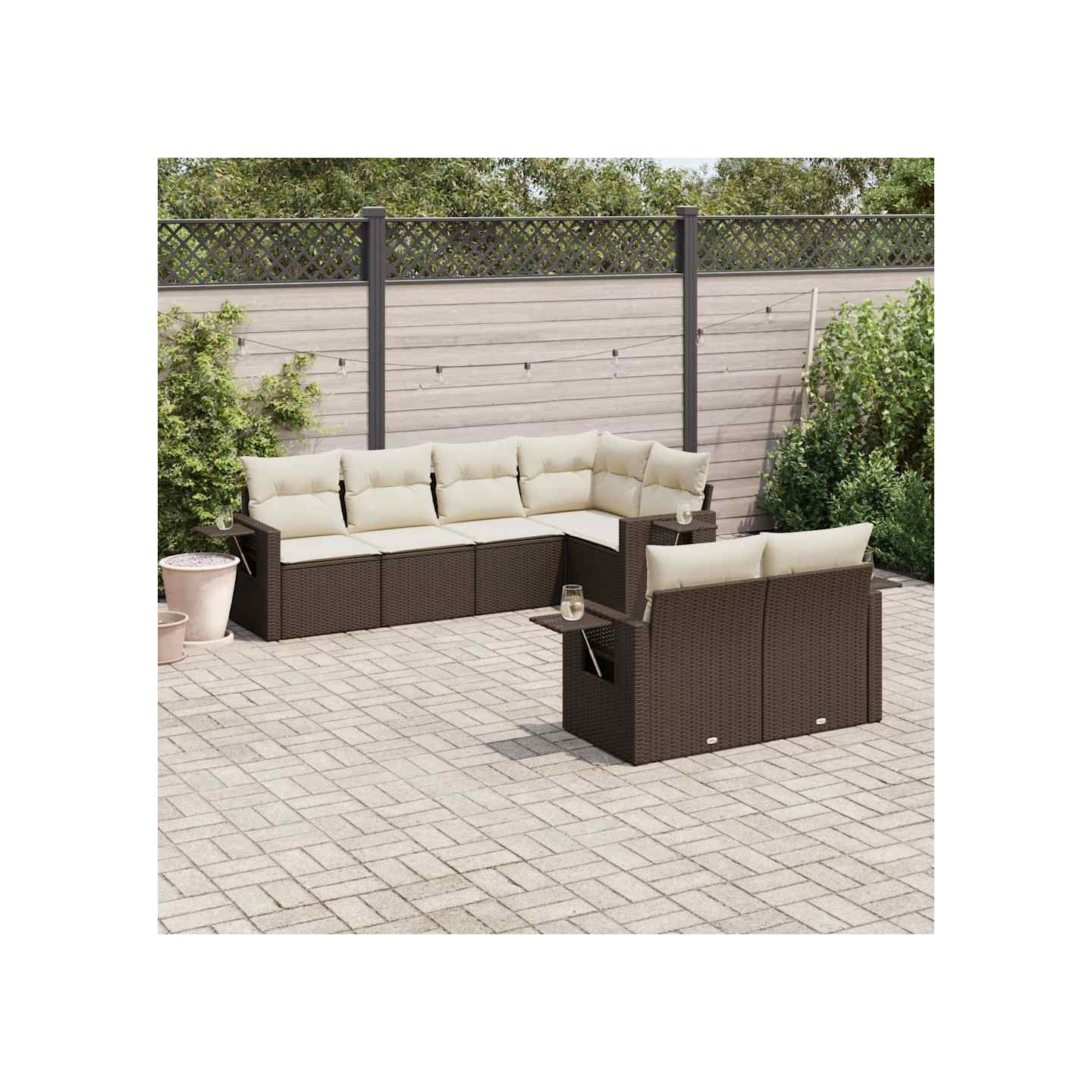 Salon de jardin avec coussins 7 pcs marron résine tressée