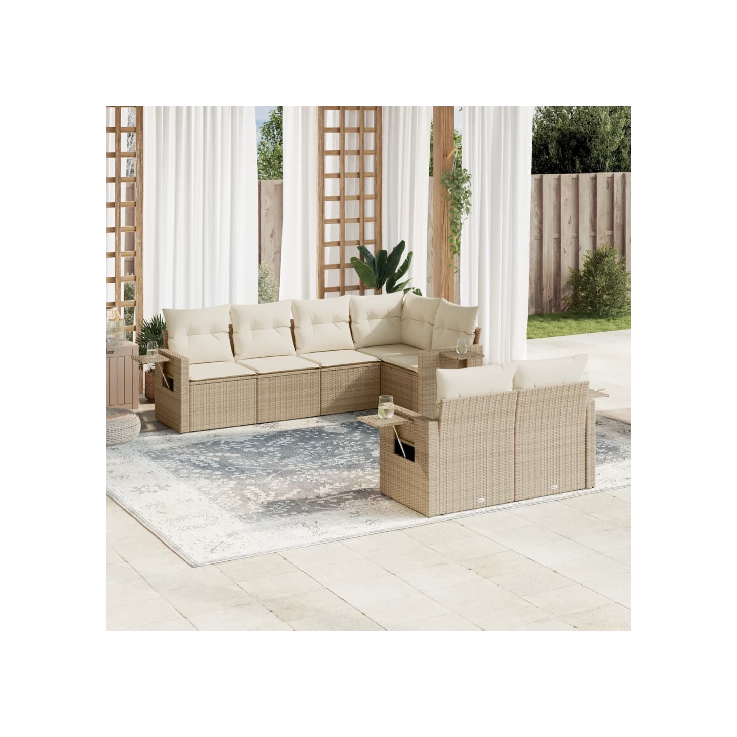 Salon de jardin avec coussins 7 pcs beige résine tressée