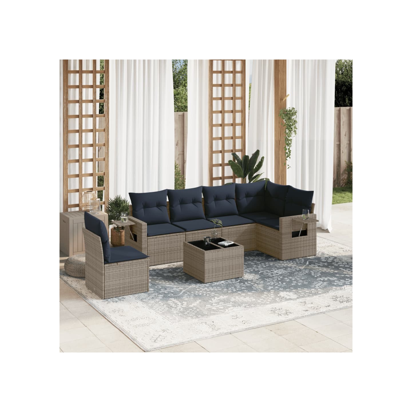 Ensemble de canapé de jardin 7 pcs avec coussins gris résine tressée