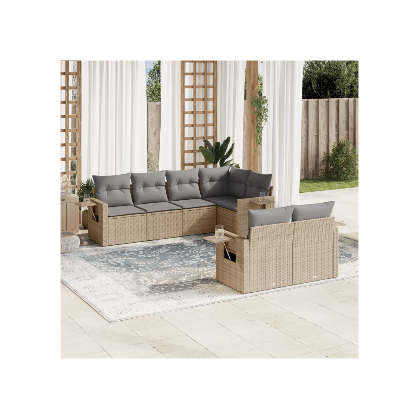 Salon de jardin avec coussins 7 pcs beige résine tressée