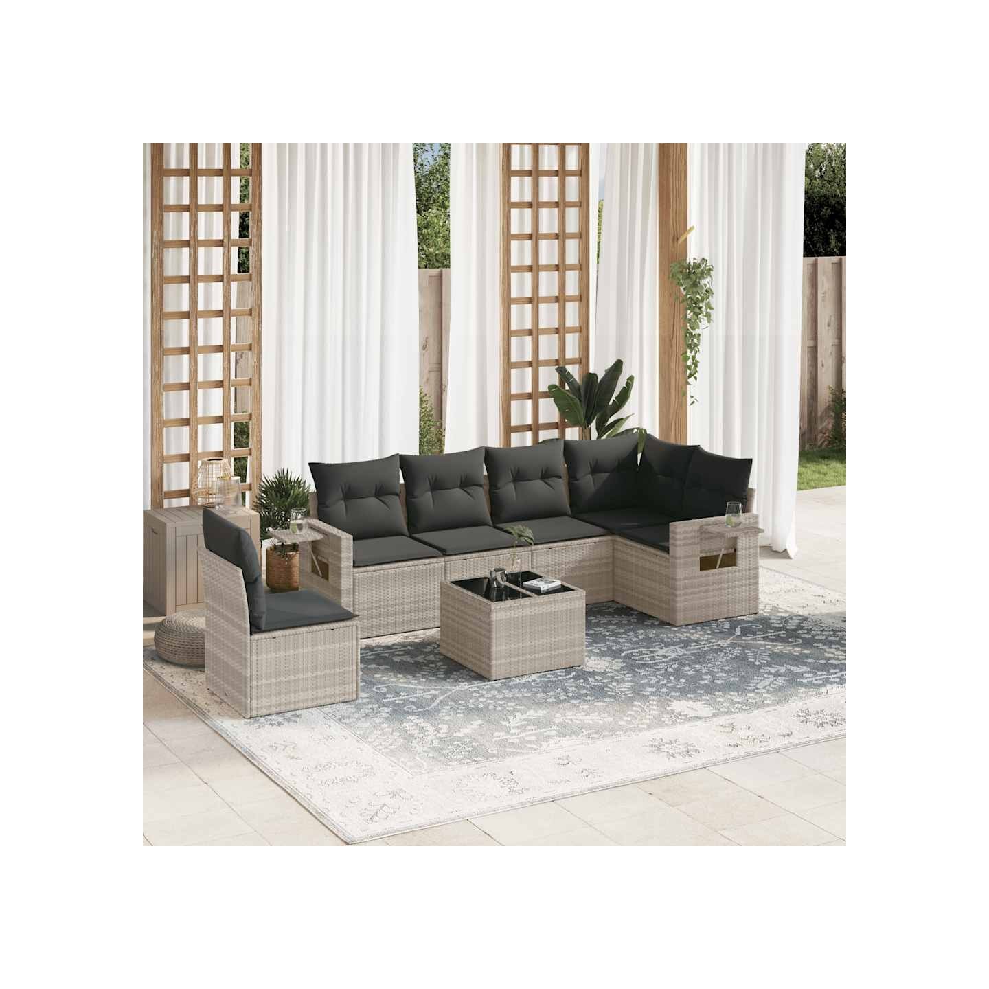Salon de jardin avec coussins 7 pcs gris clair résine tressée