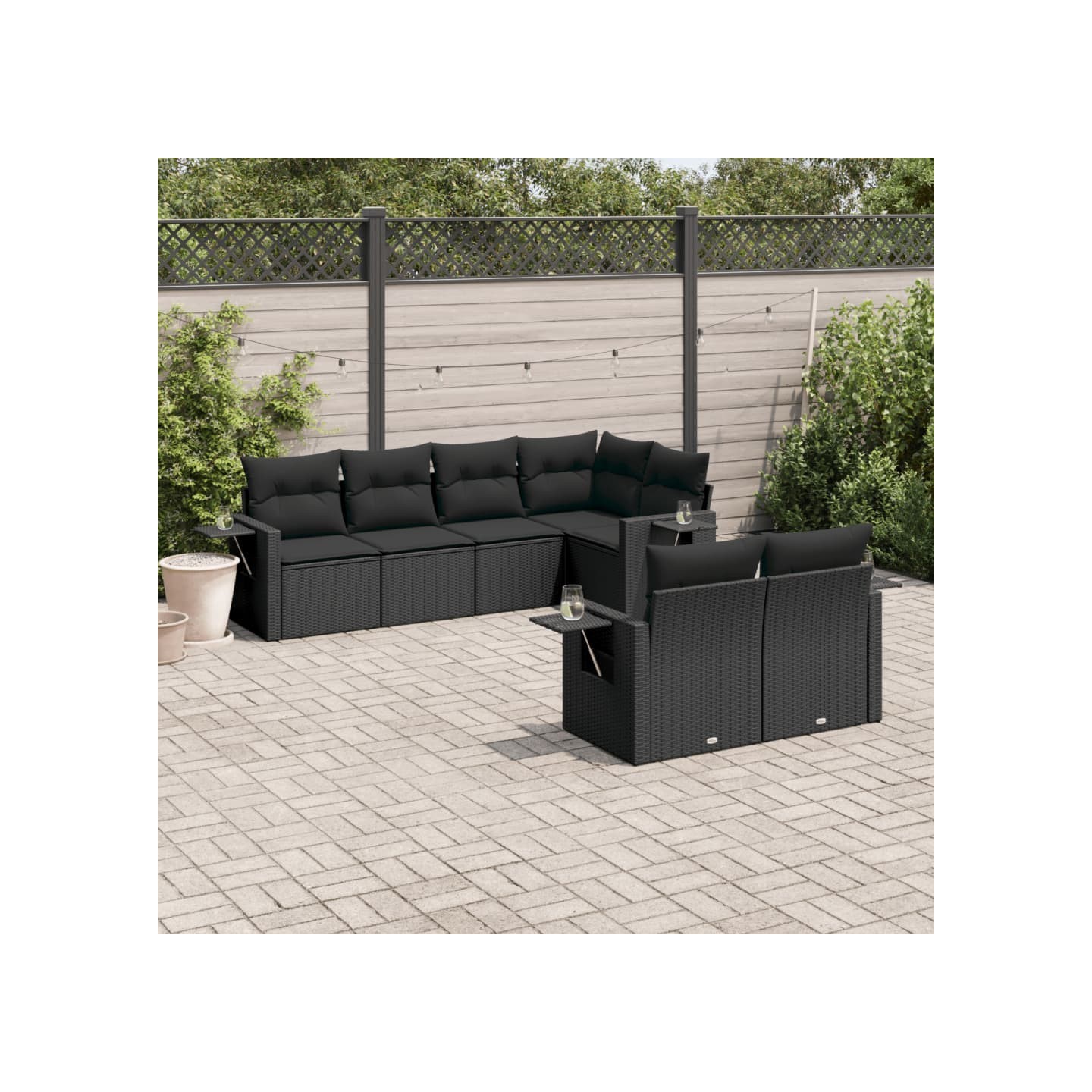 Salon de jardin 7 pcs avec coussins noir résine tressée