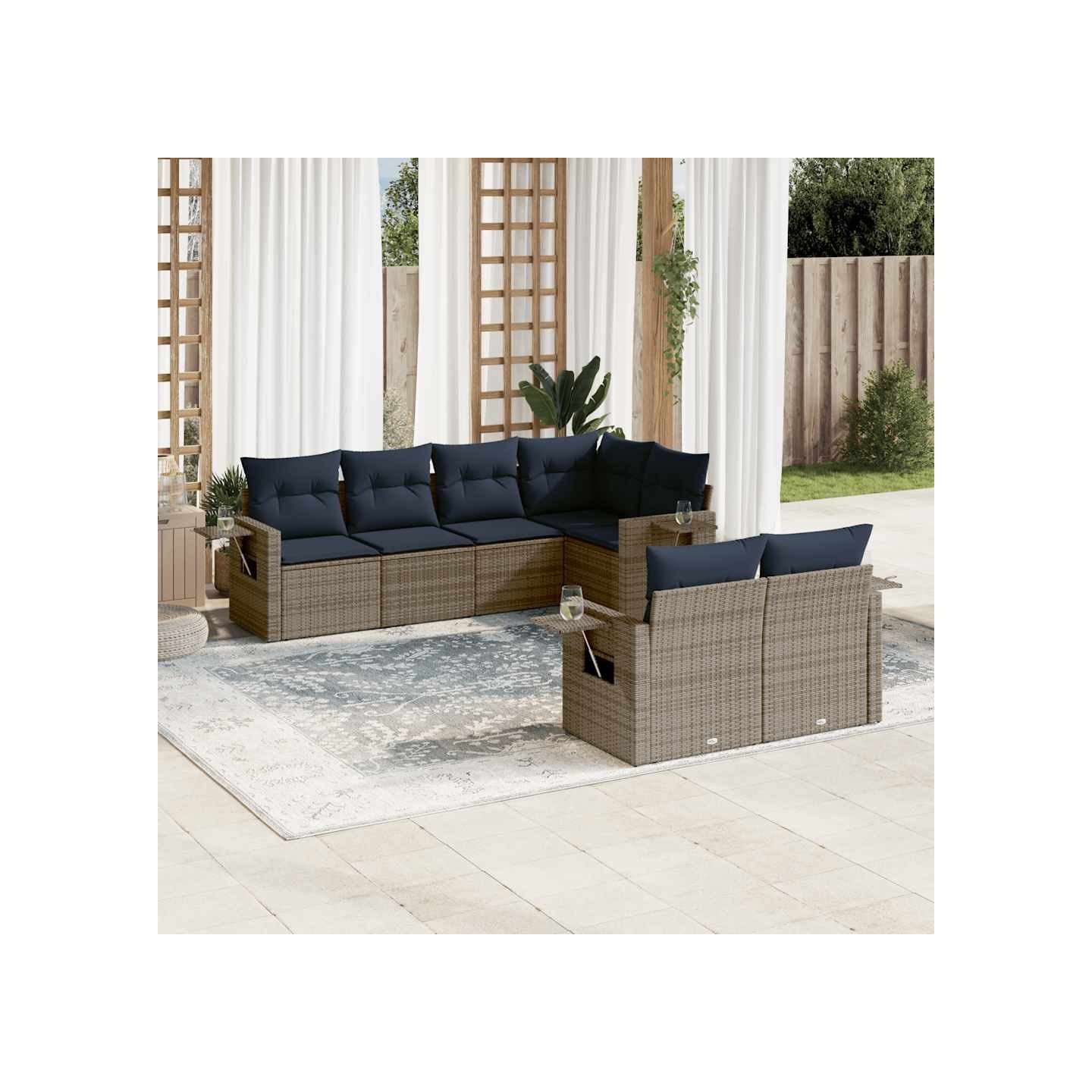 Ensemble de canapé de jardin 7 pcs avec coussins gris résine tressée