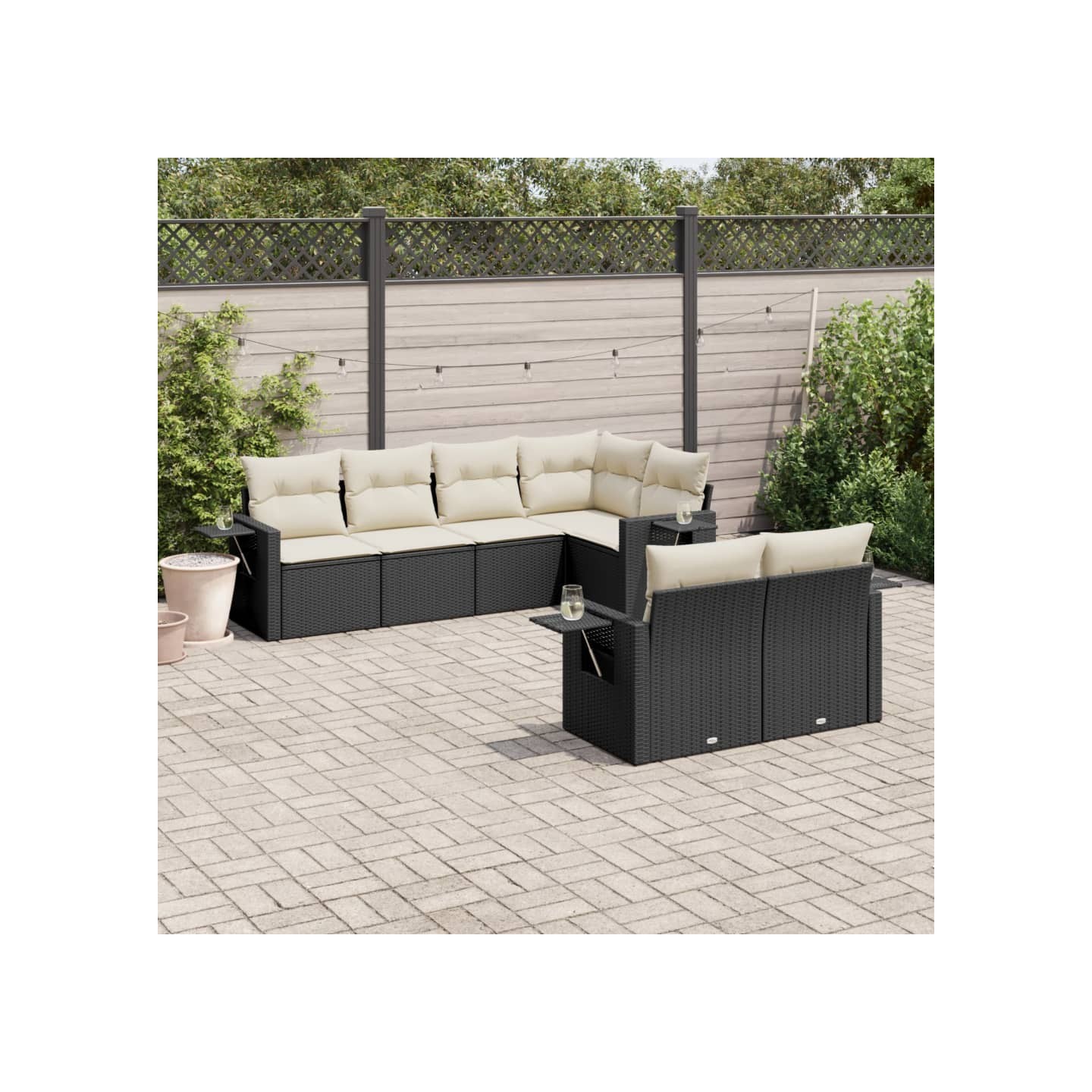 Salon de jardin 7 pcs avec coussins noir résine tressée