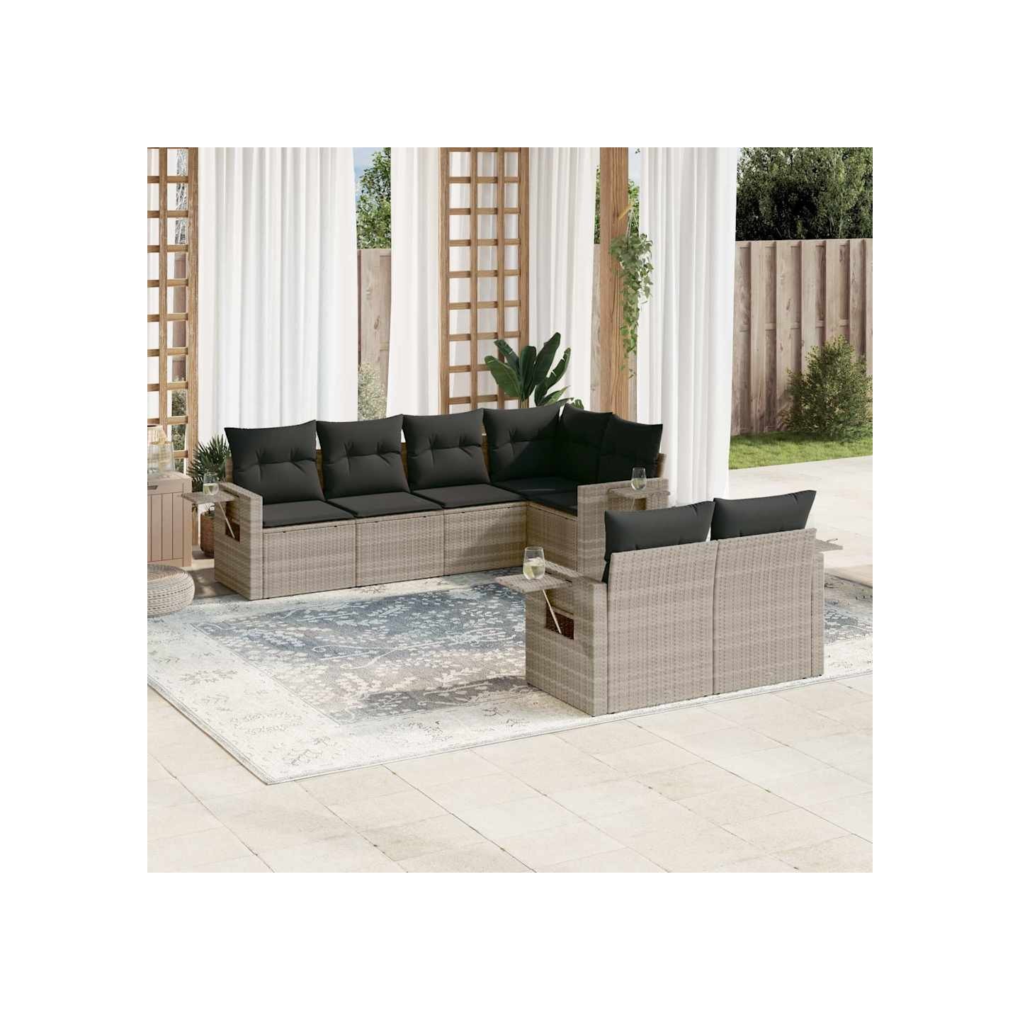 Salon de jardin avec coussins 7 pcs gris clair résine tressée