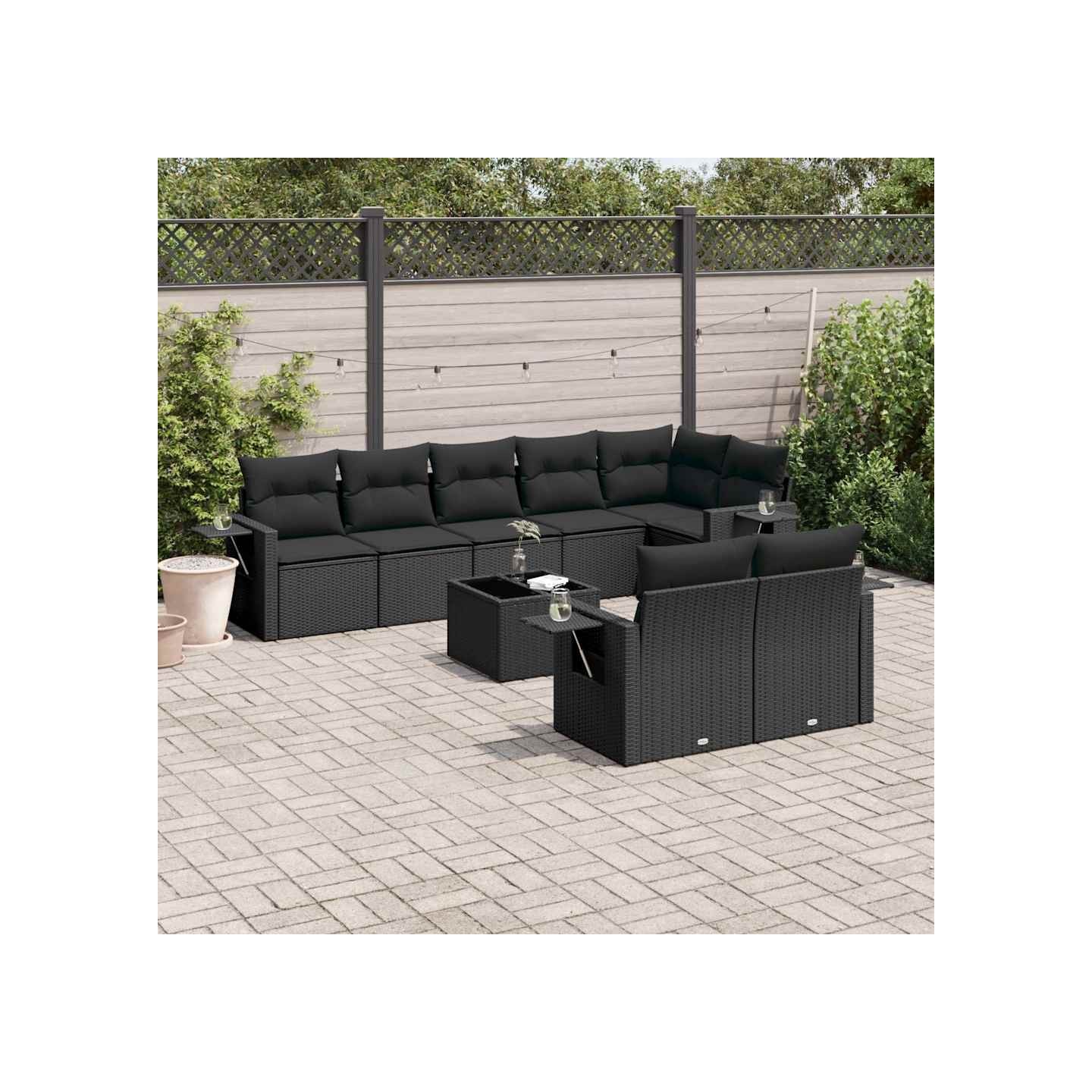 Salon de jardin 9 pcs avec coussins noir résine tressée