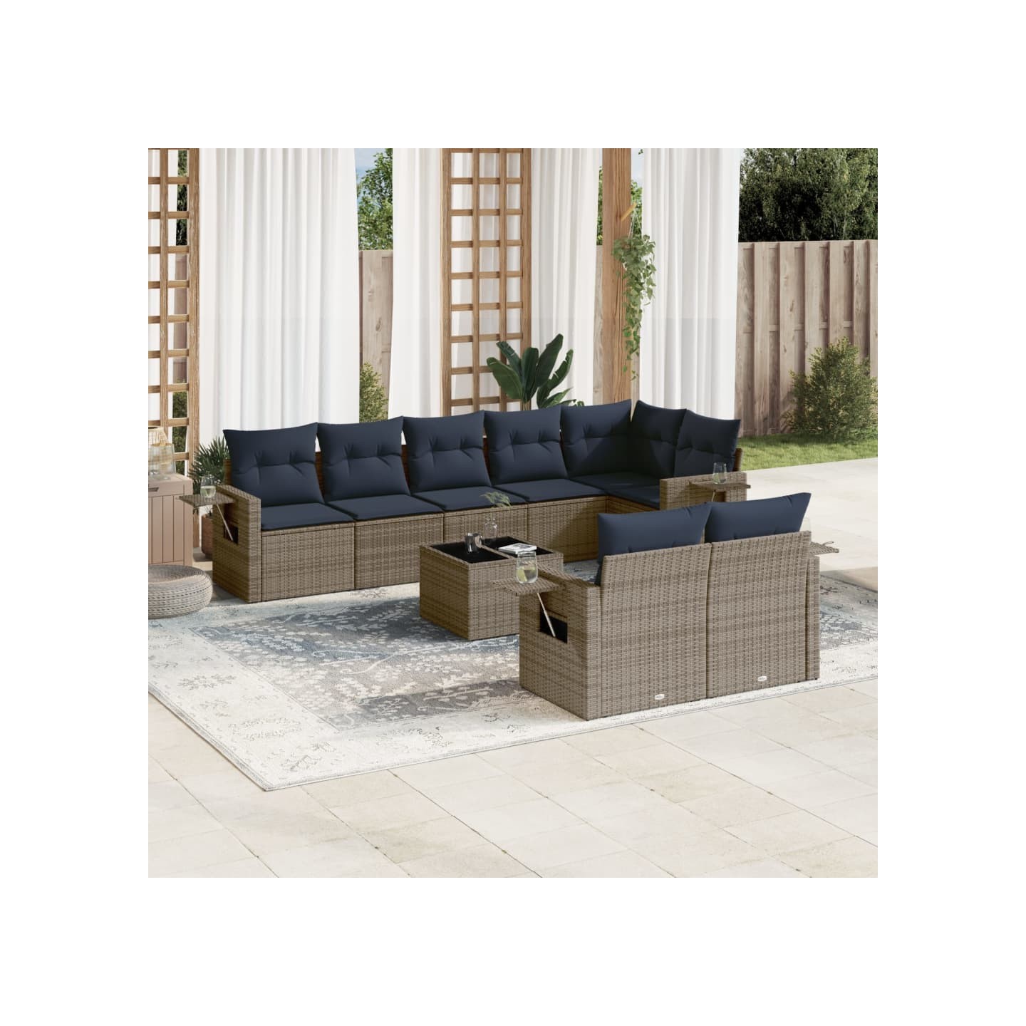 Ensemble de canapé de jardin 9 pcs avec coussins gris résine tressée