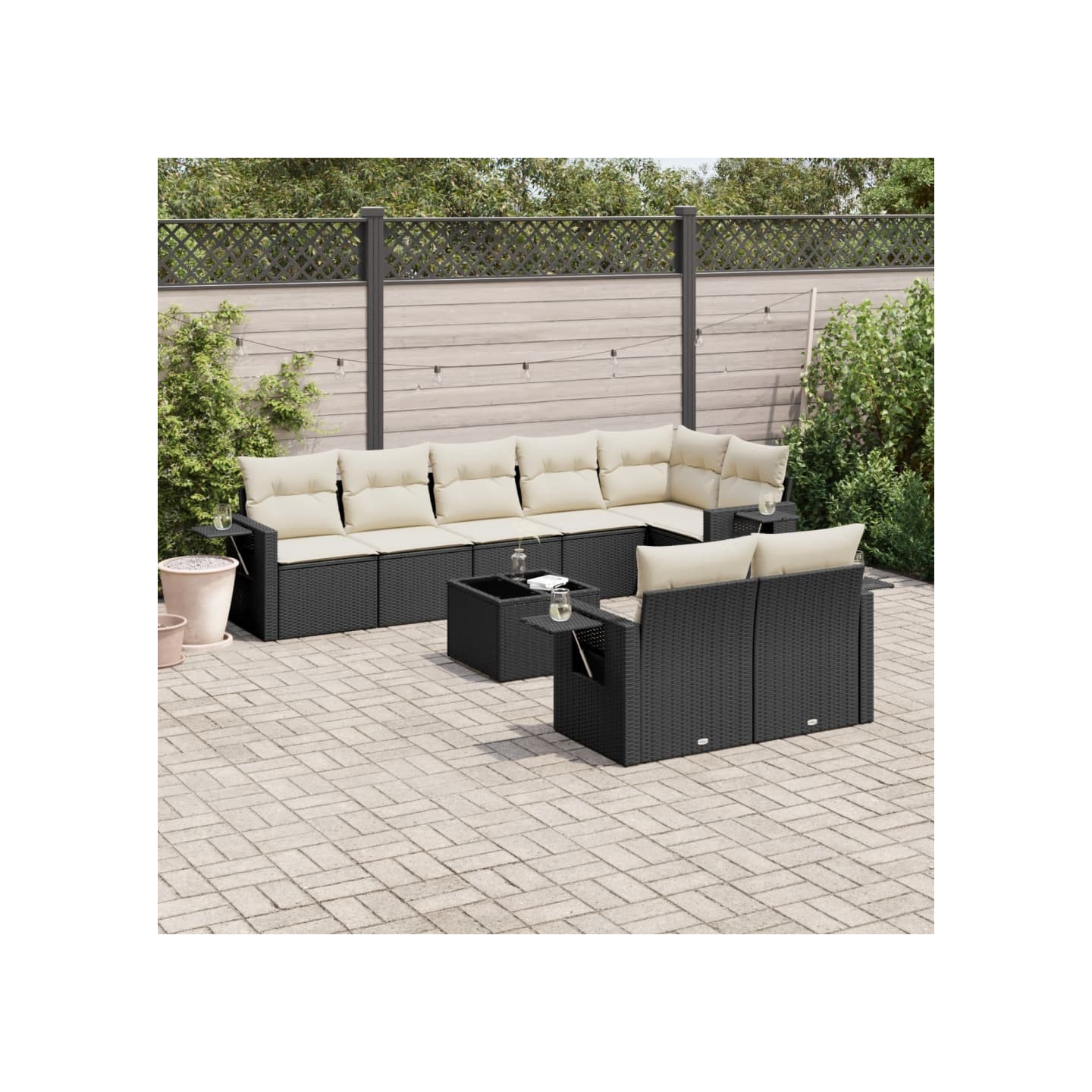 Salon de jardin 9 pcs avec coussins noir résine tressée