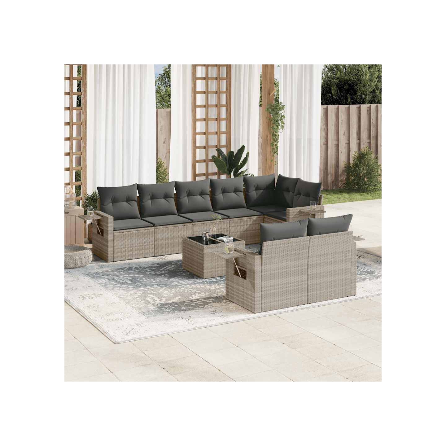 Salon de jardin 9 pcs avec coussins gris clair résine tressée