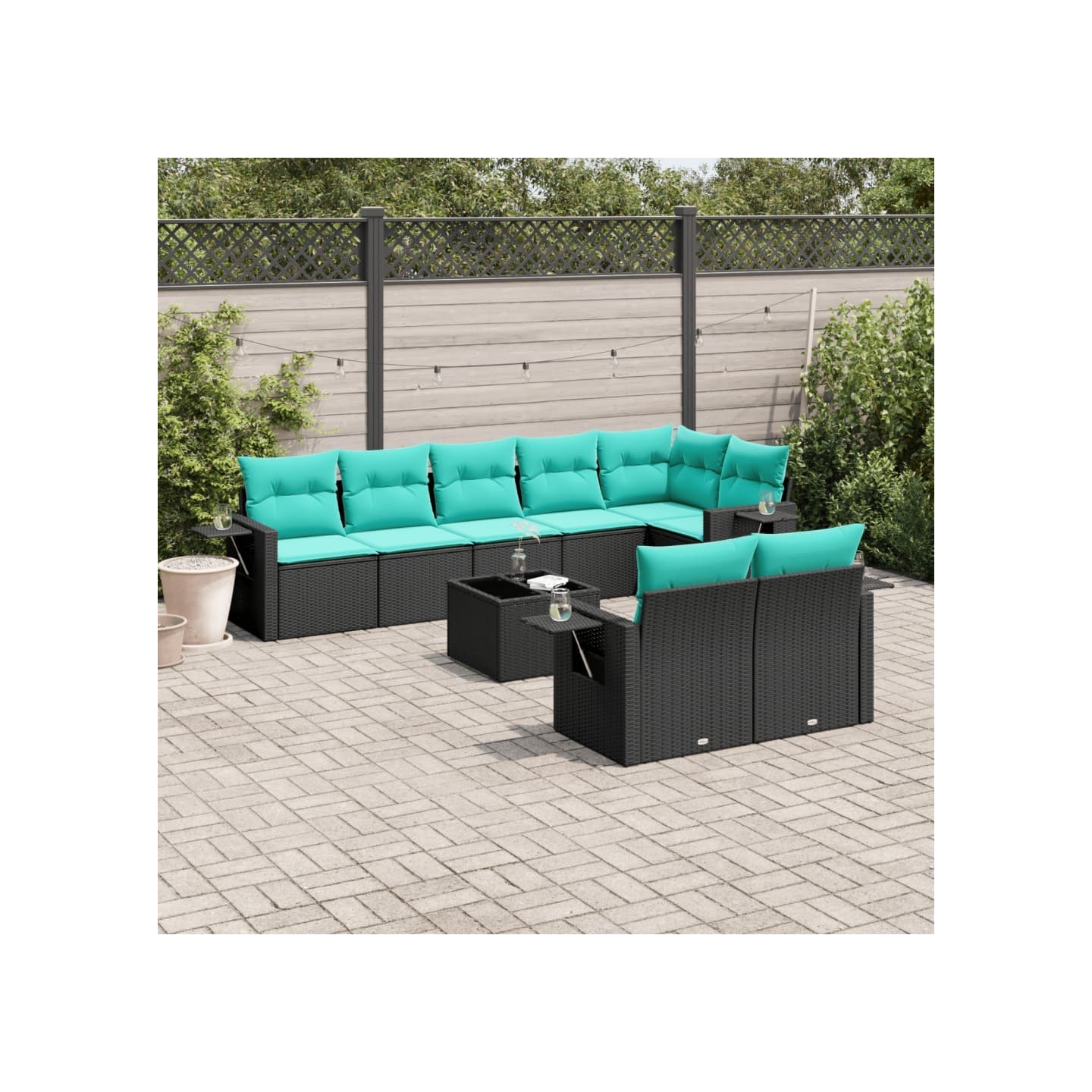 Ensemble de canapé de jardin 9 pcs avec coussins noir résine tressée