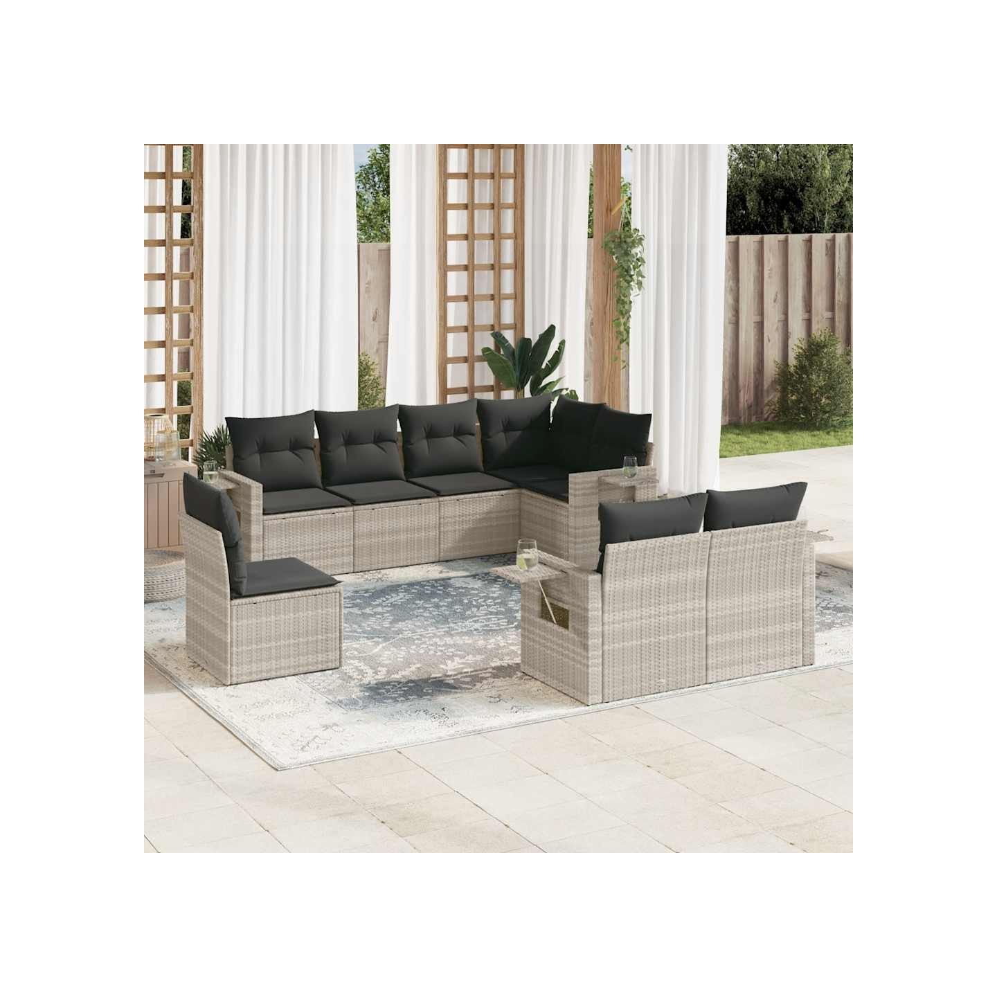 Salon de jardin 8 pcs avec coussins gris clair résine tressée