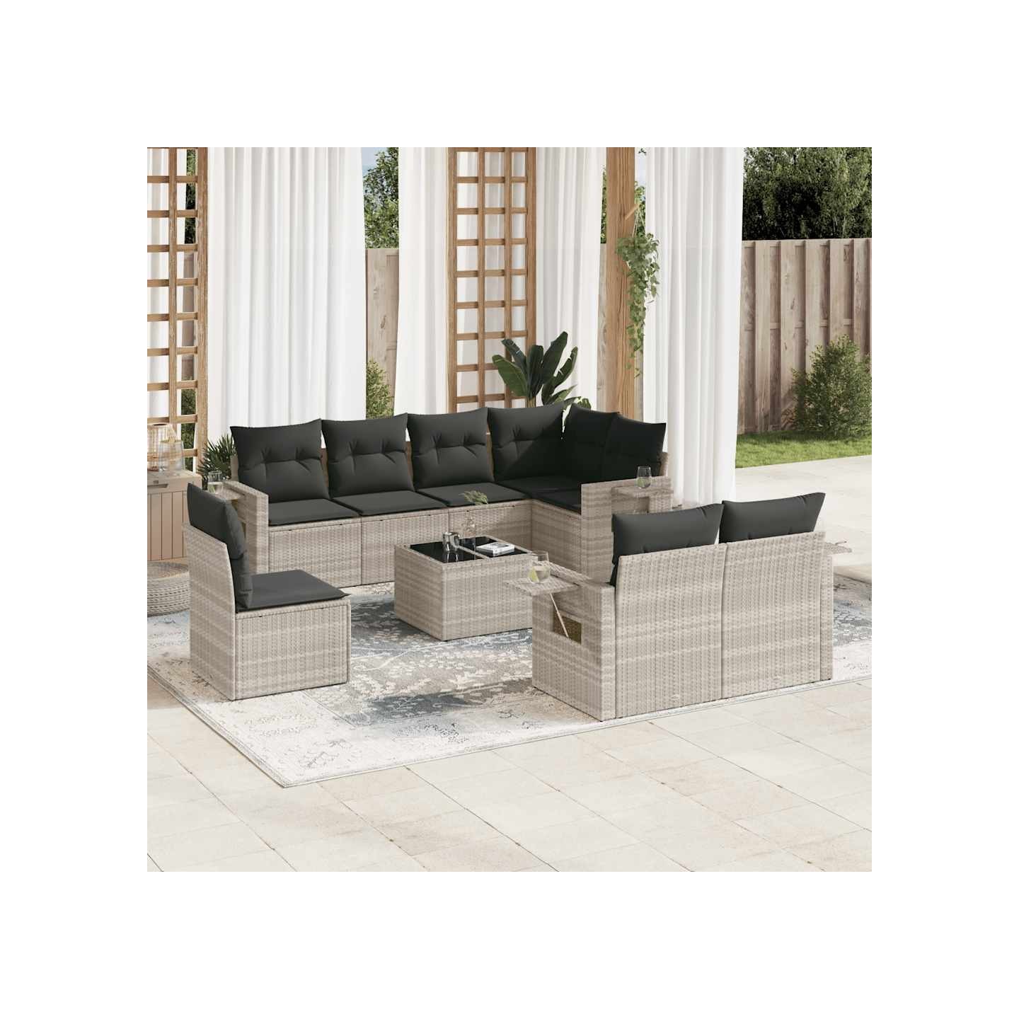 Salon de jardin 9 pcs avec coussins gris clair résine tressée