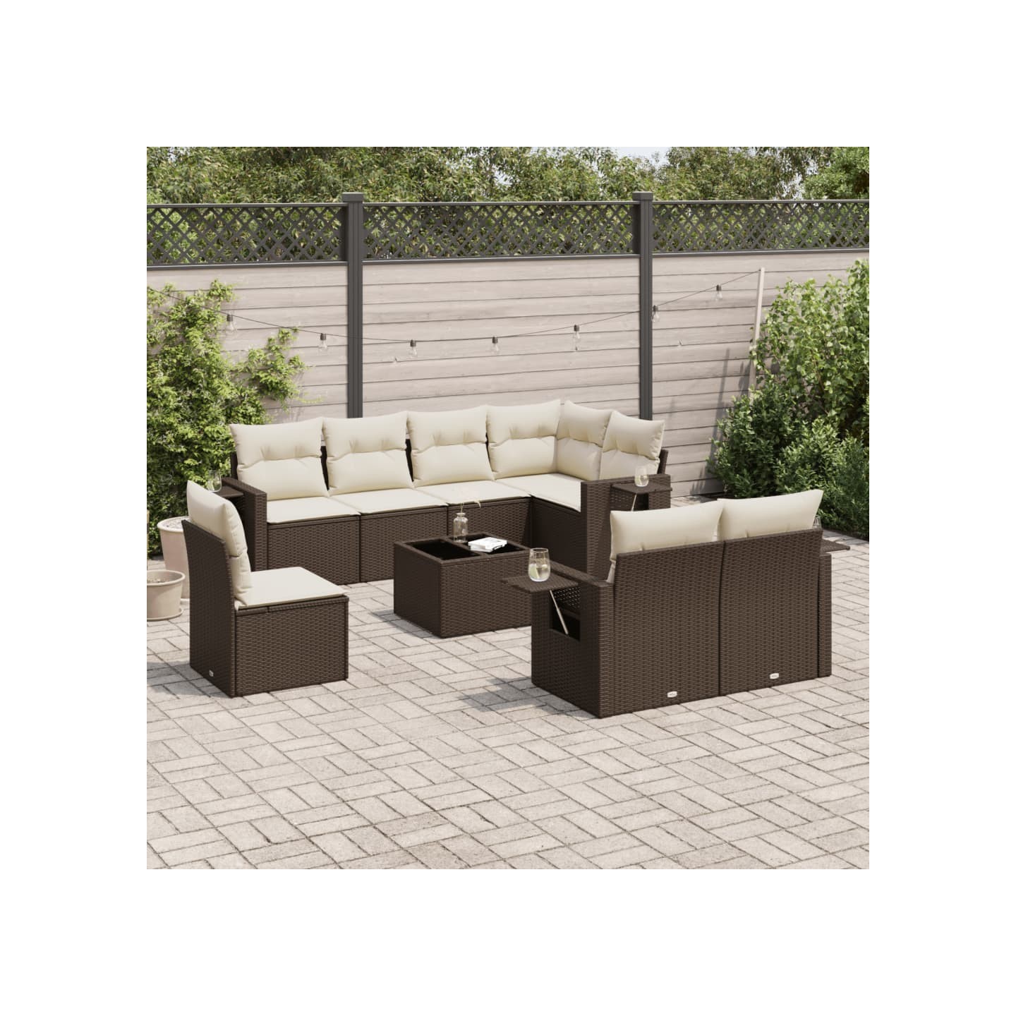 Salon de jardin avec coussins 9 pcs marron résine tressée