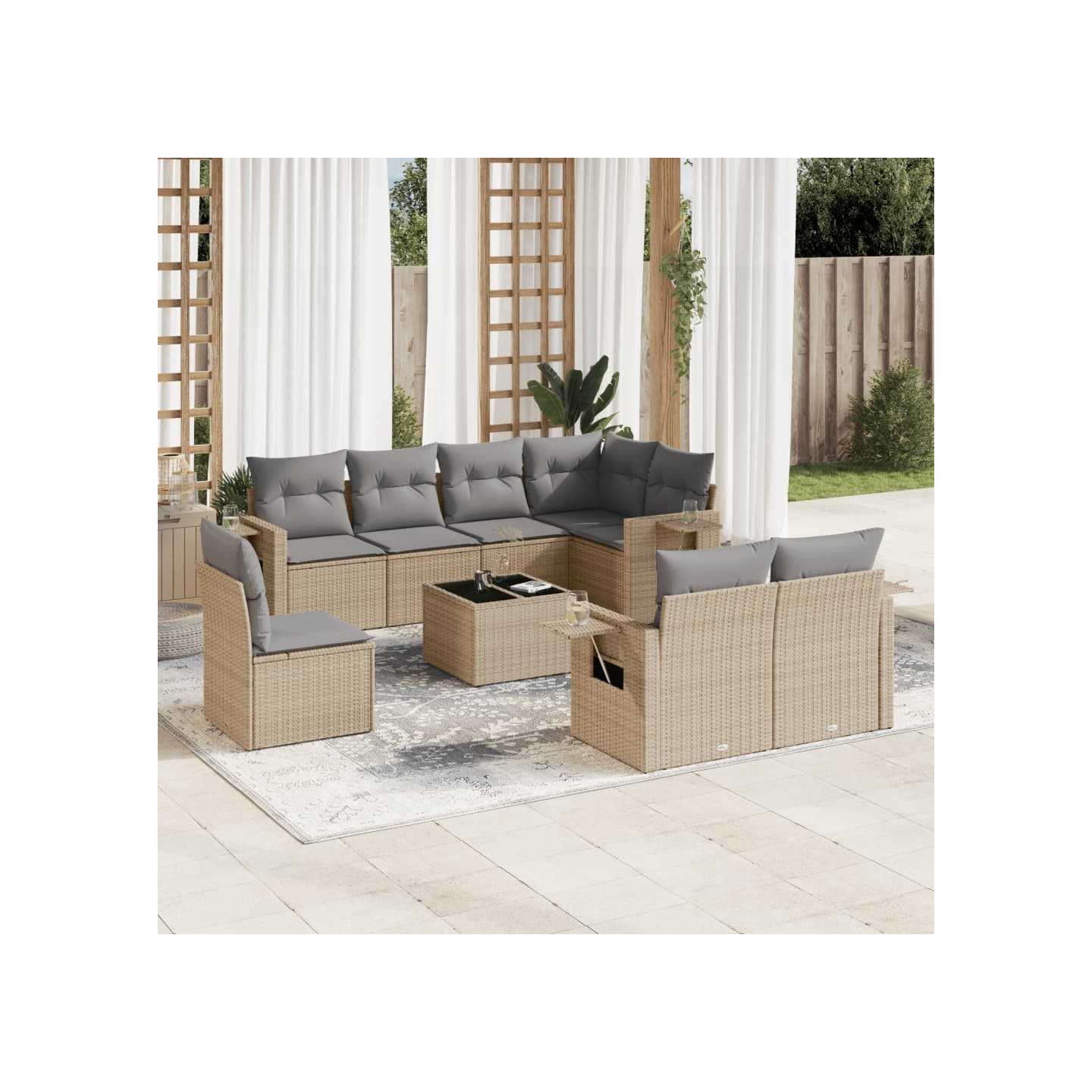 Salon de jardin avec coussins 9 pcs beige résine tressée
