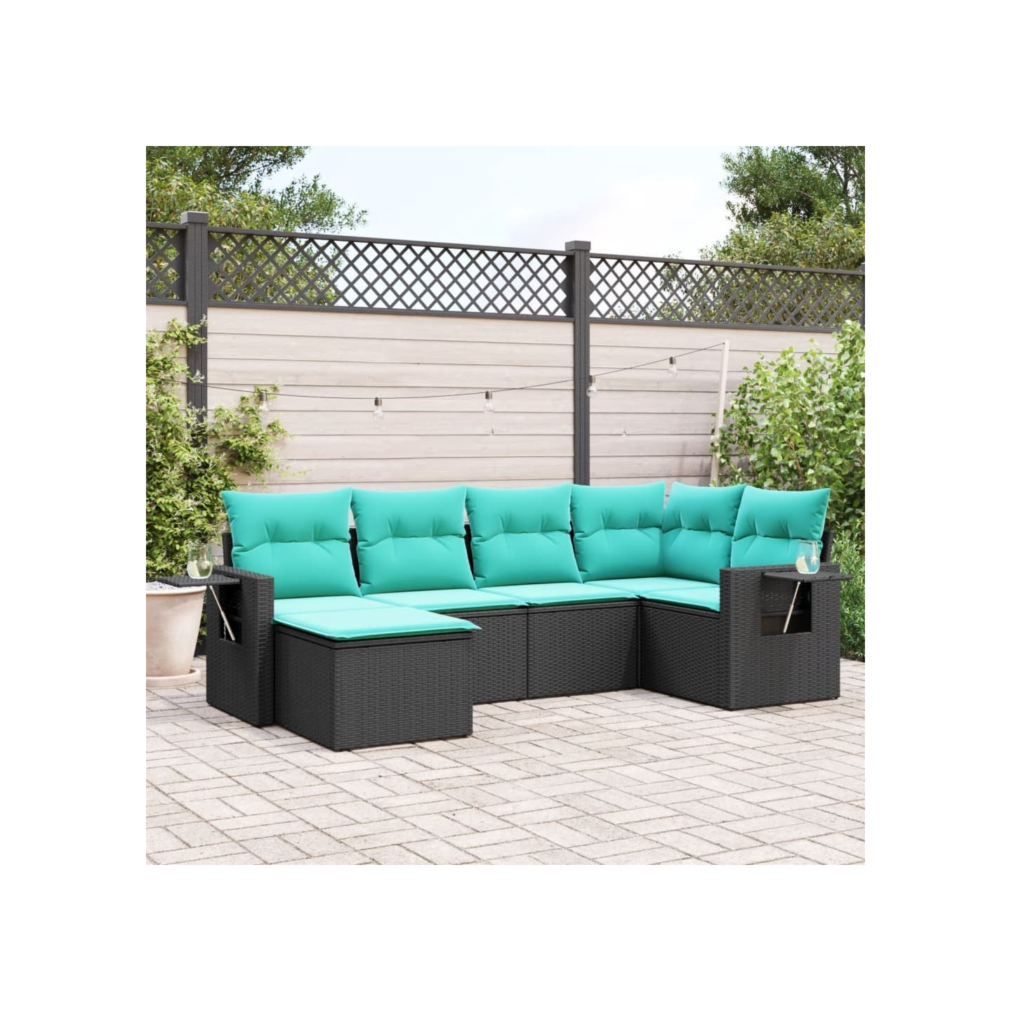 Salon de jardin 6 pcs avec coussins noir résine tressée