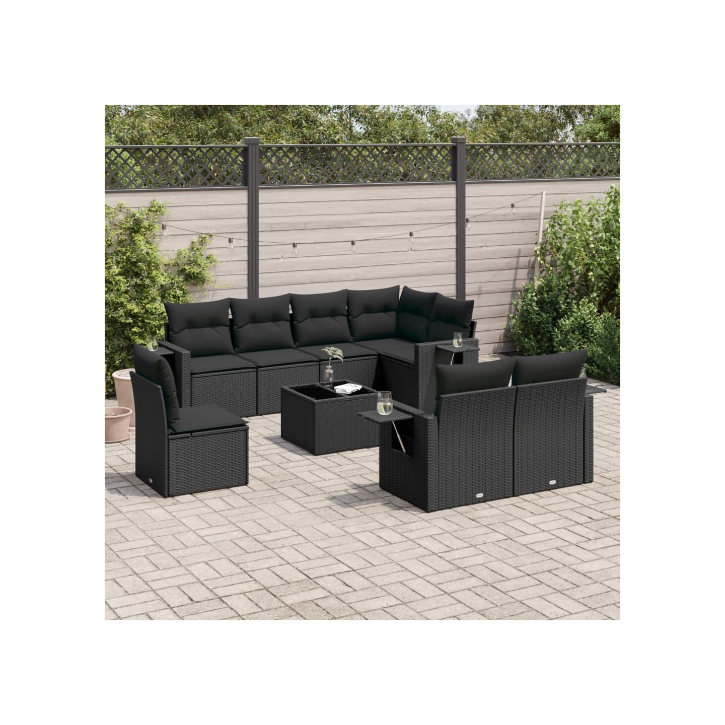 Salon de jardin 9 pcs avec coussins noir résine tressée