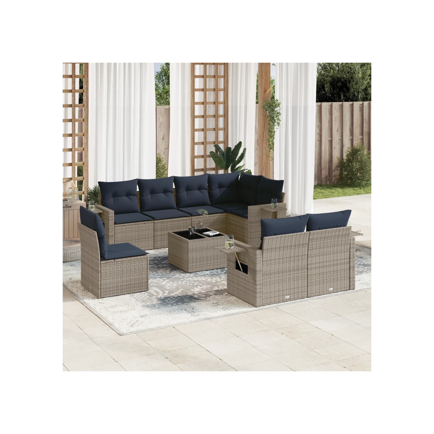 Ensemble de canapé de jardin 9 pcs avec coussins gris résine tressée