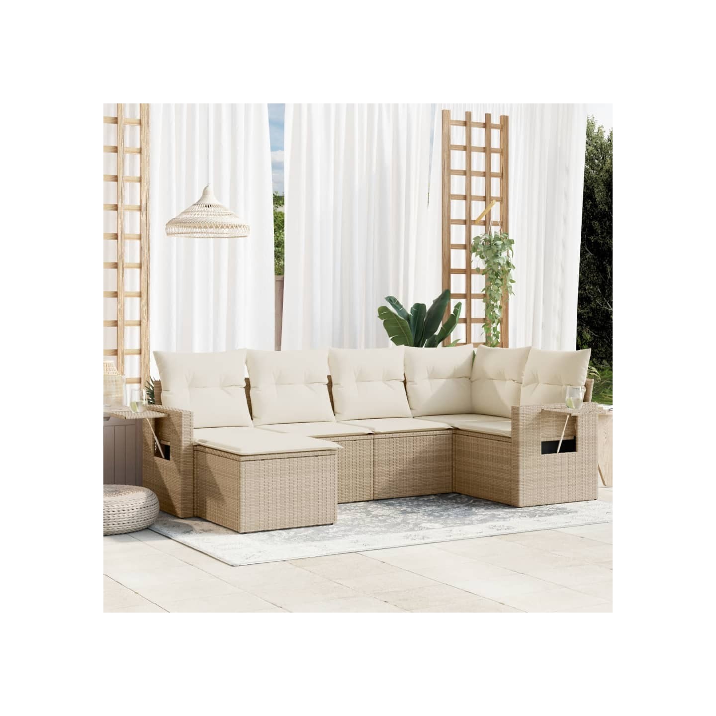Salon de jardin avec coussins 6 pcs beige résine tressée