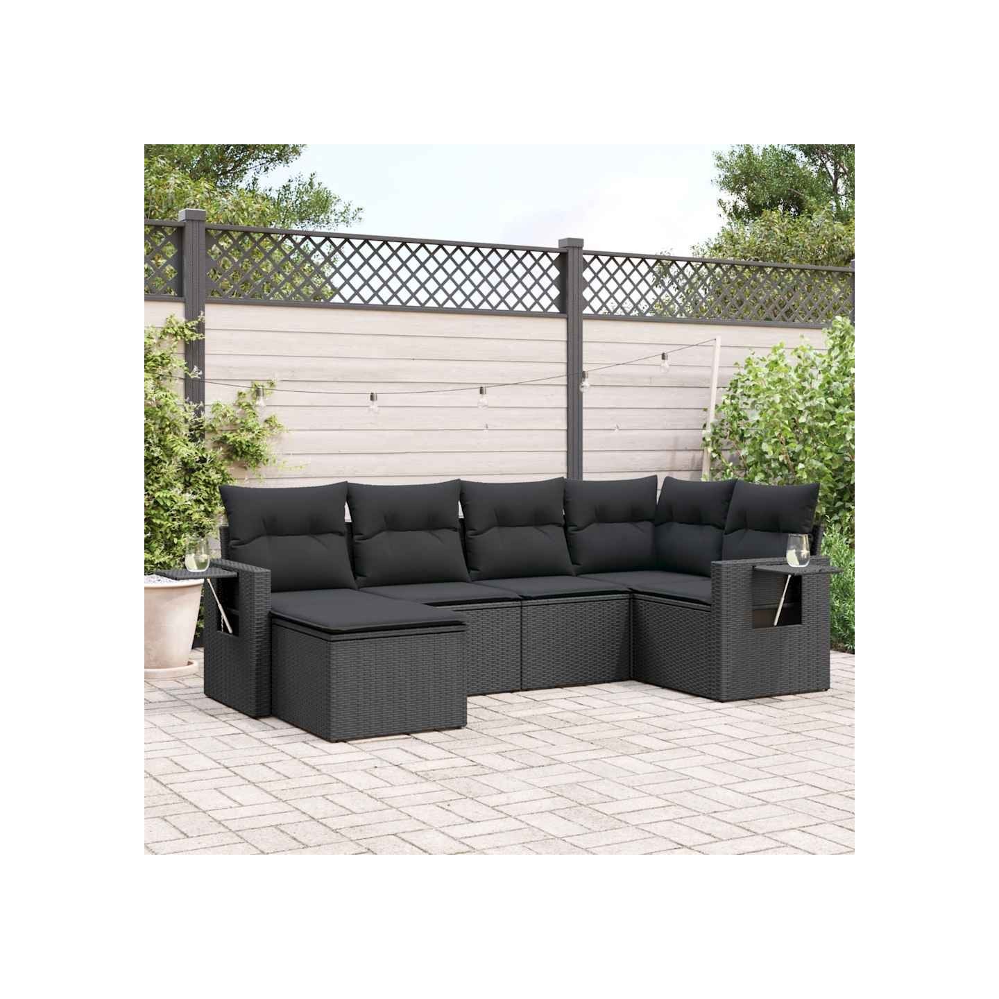 Salon de jardin 6 pcs avec coussins noir résine tressée
