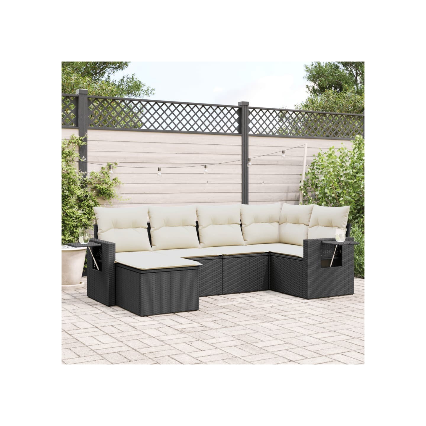 Salon de jardin 6 pcs avec coussins noir résine tressée