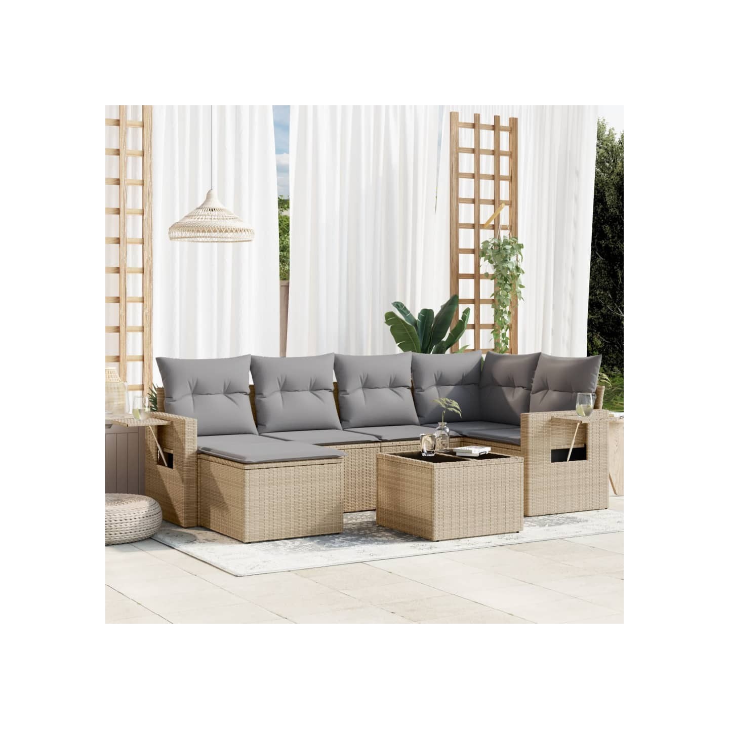Salon de jardin avec coussins 7 pcs beige résine tressée