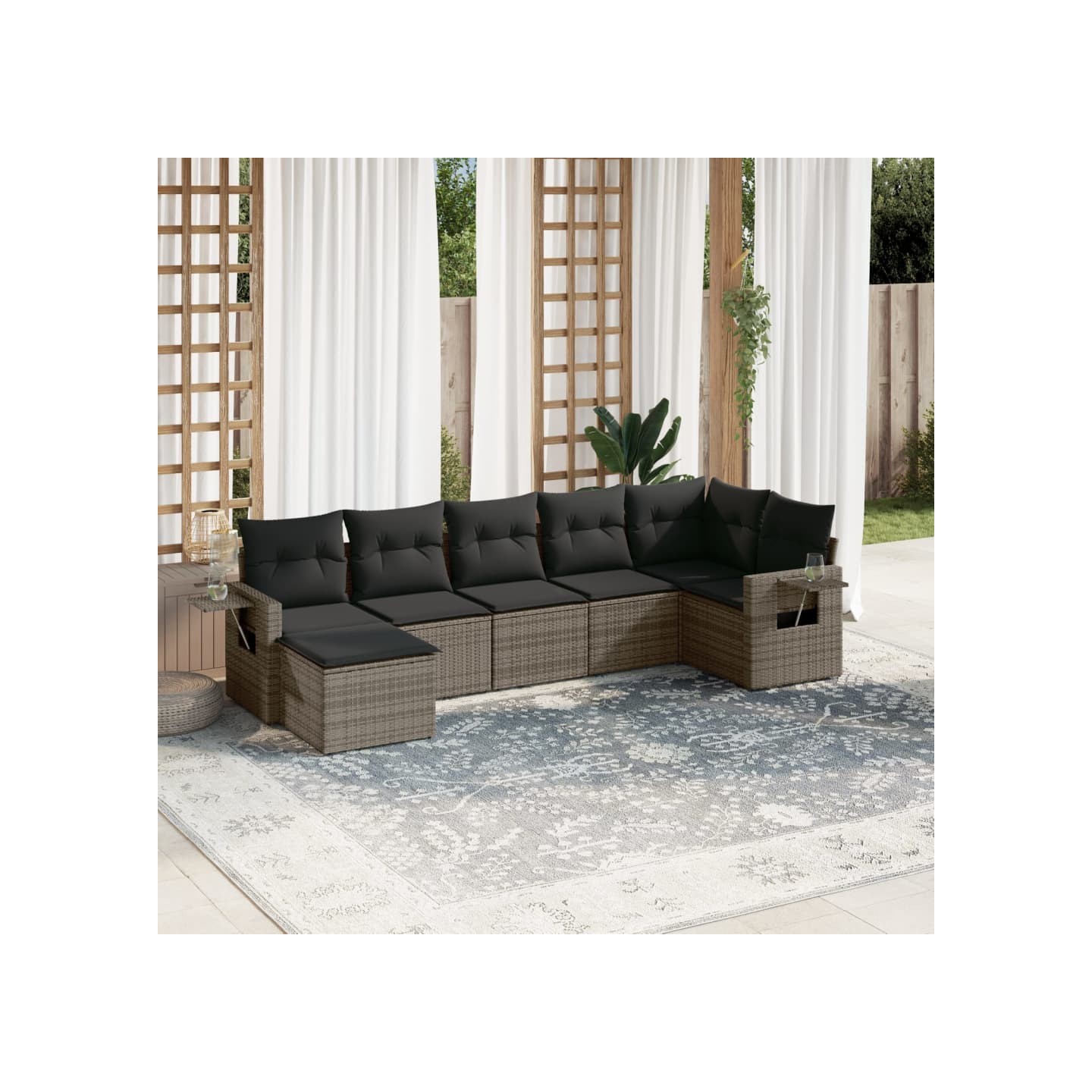 Salon de jardin avec coussins 7 pcs gris résine tressée
