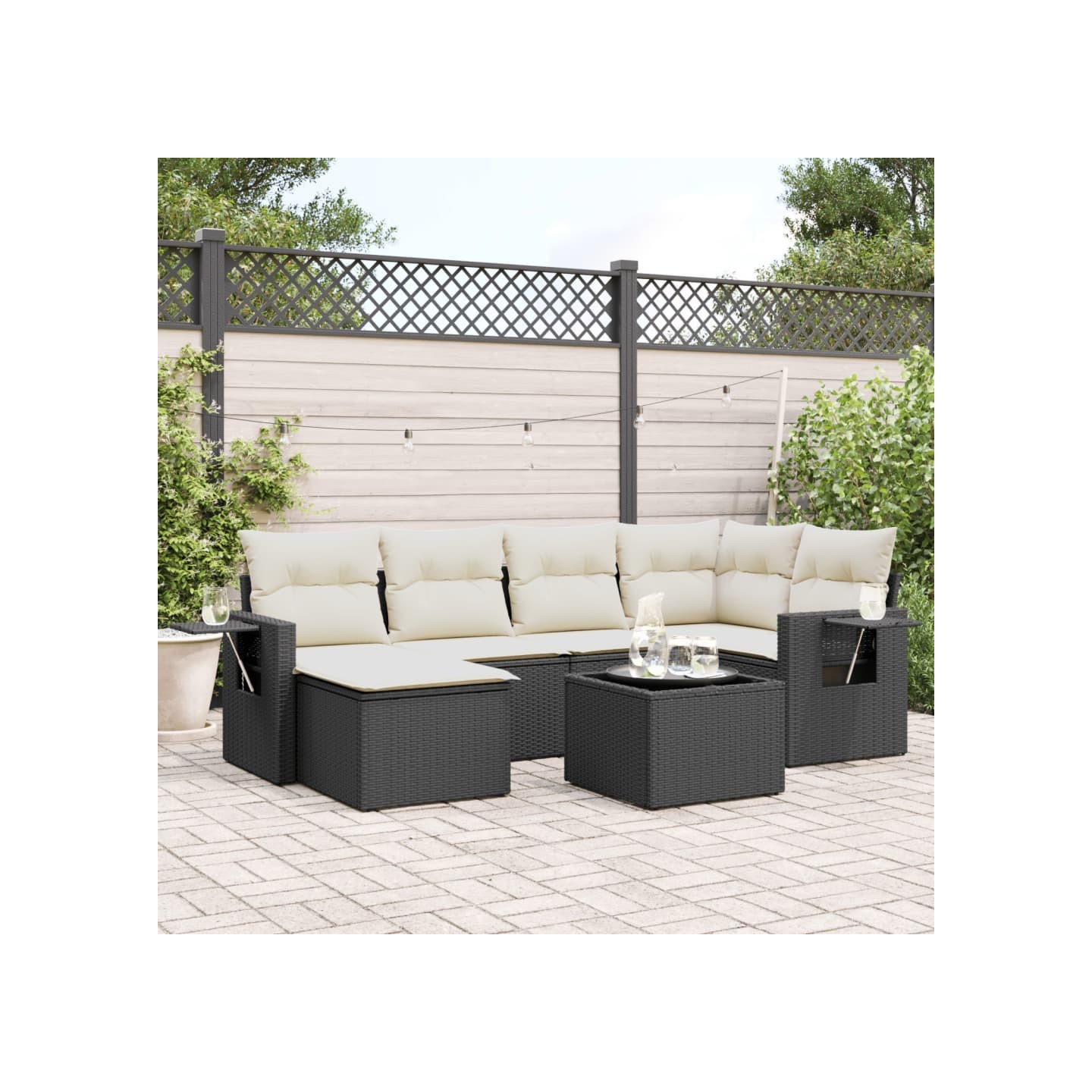 Salon de jardin 7 pcs avec coussins noir résine tressée