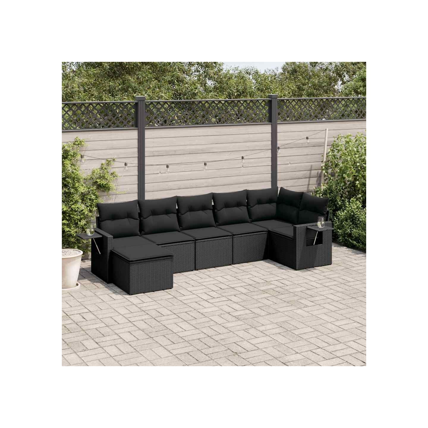 Salon de jardin 7 pcs avec coussins noir résine tressée