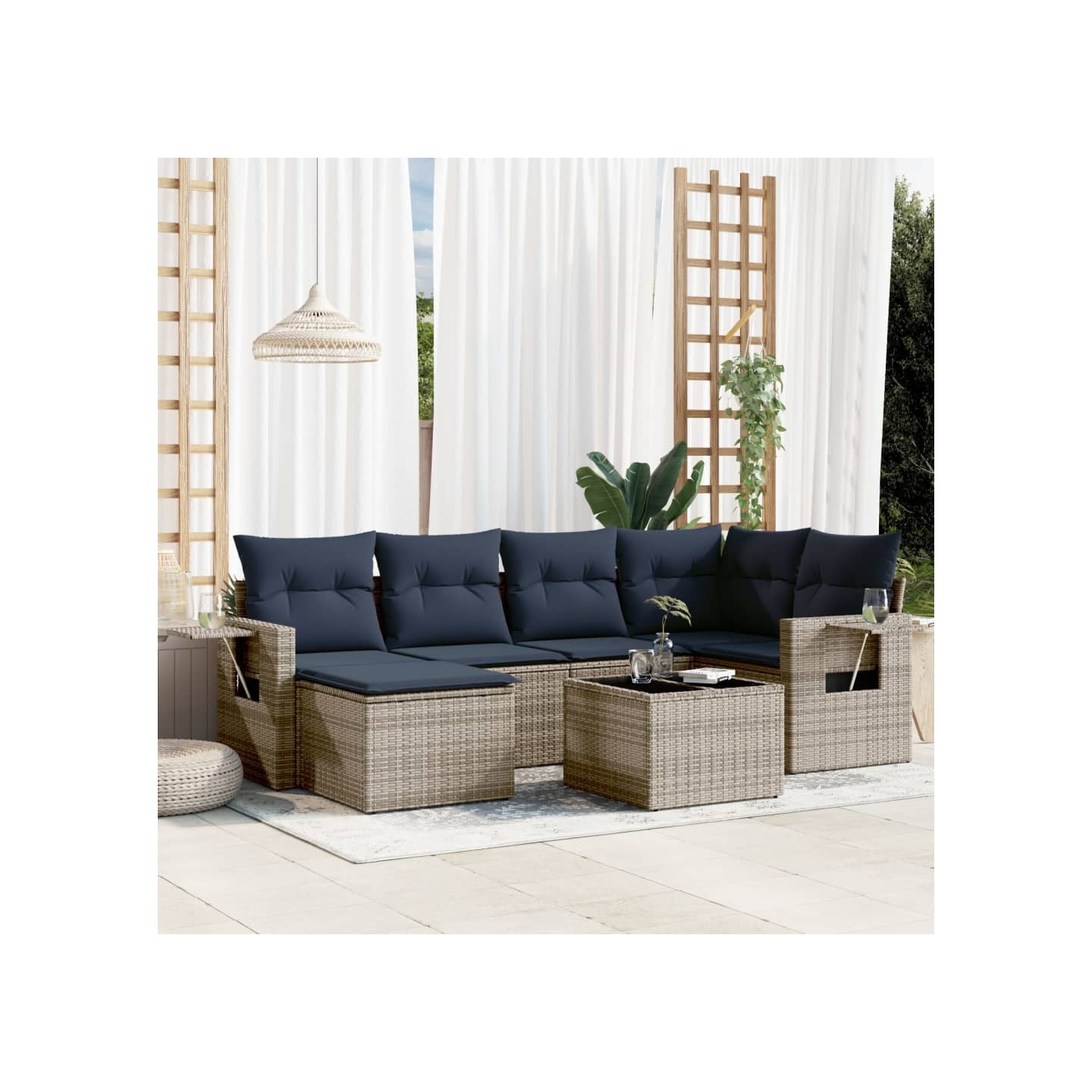 Ensemble de canapé de jardin 7 pcs avec coussins gris résine tressée