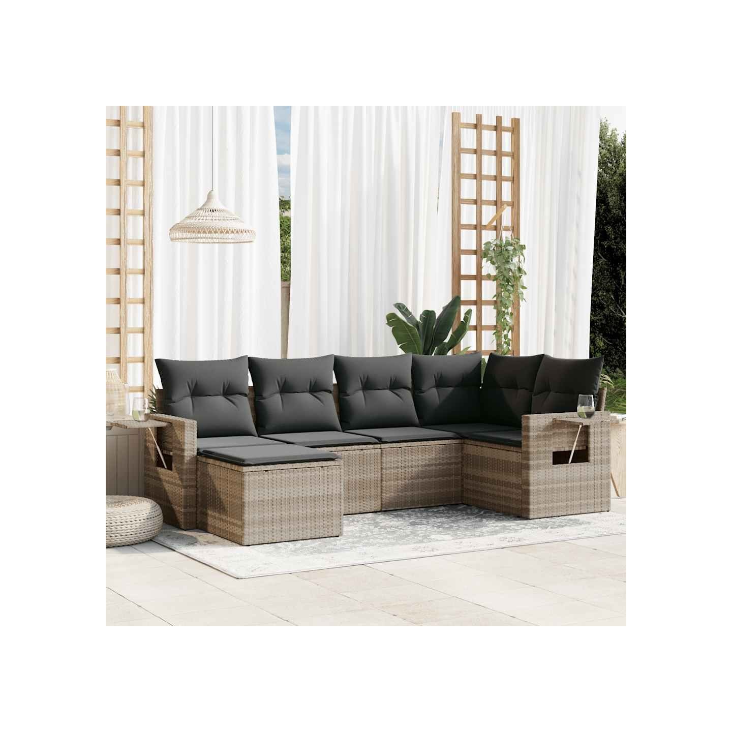 Salon de jardin 6 pcs avec coussins gris clair résine tressée