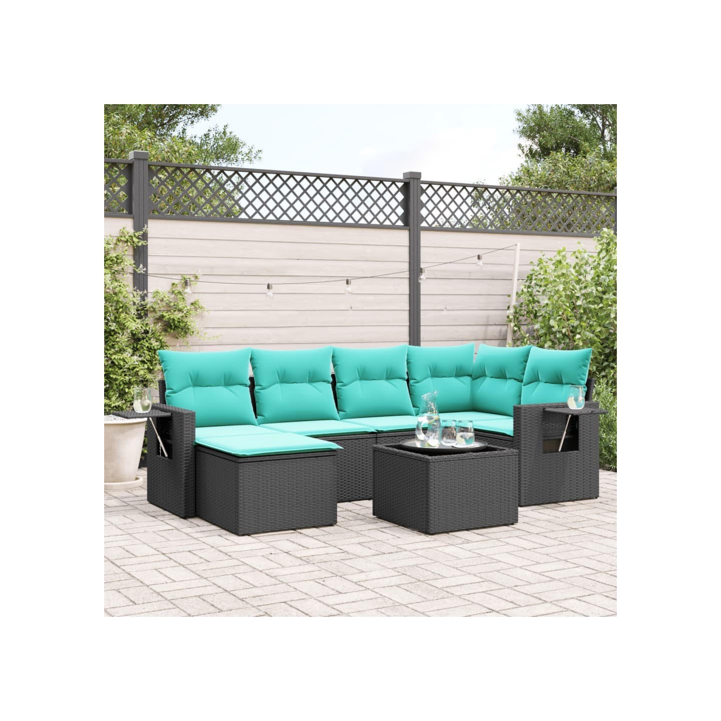 Ensemble de canapé de jardin 7 pcs avec coussins noir résine tressée