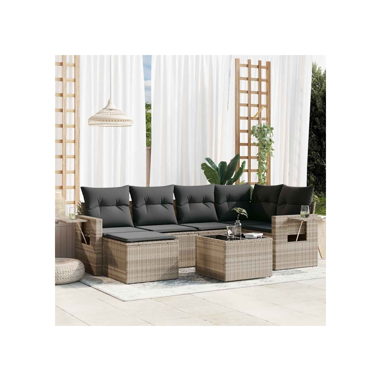 Salon de jardin avec coussins 7 pcs gris clair résine tressée