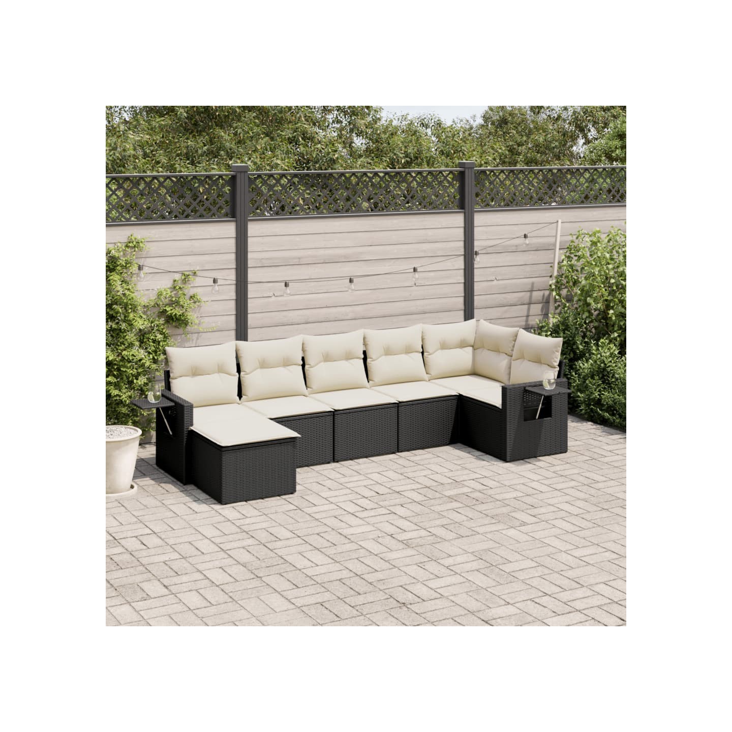 Salon de jardin 7 pcs avec coussins noir résine tressée