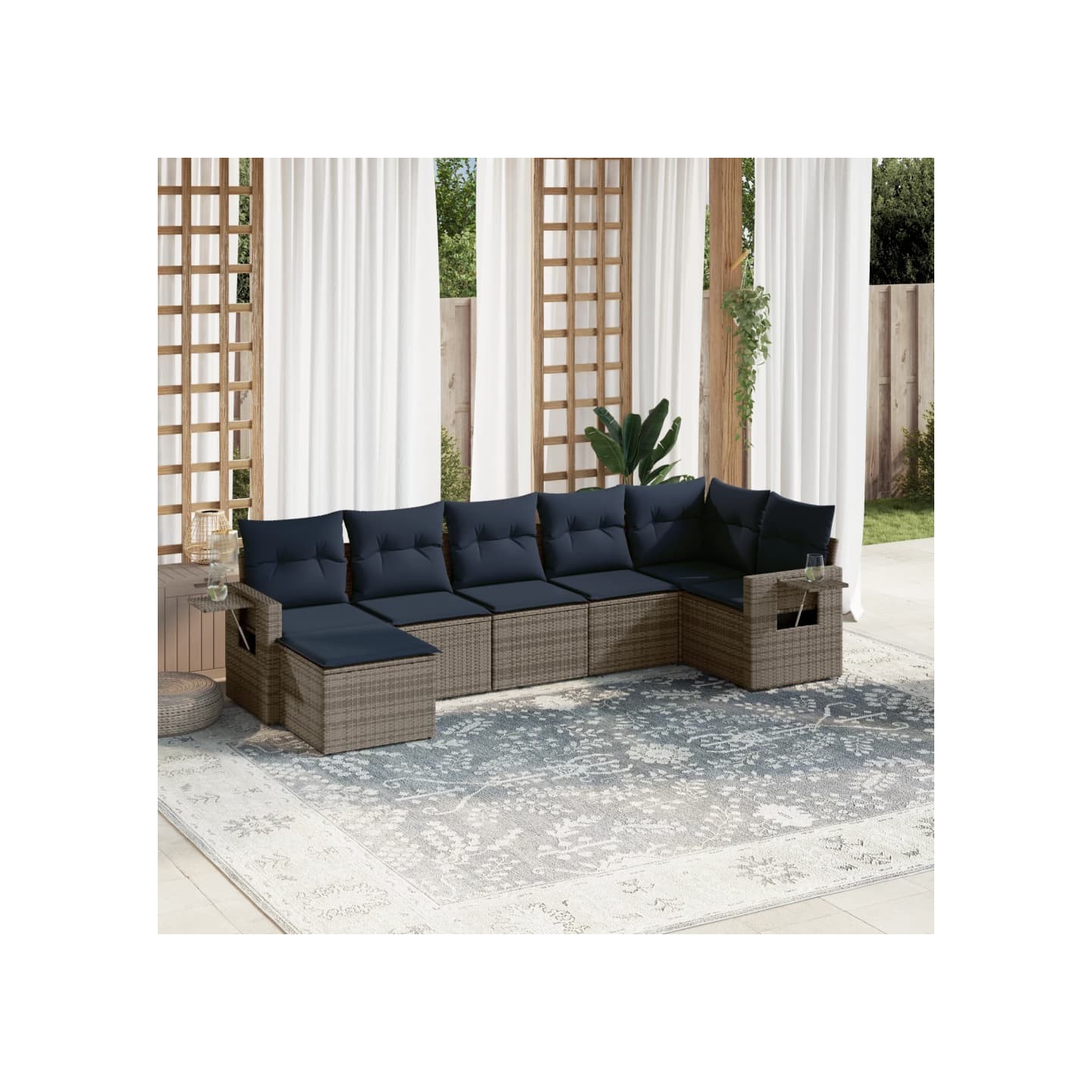 Ensemble de canapé de jardin 7 pcs avec coussins gris résine tressée