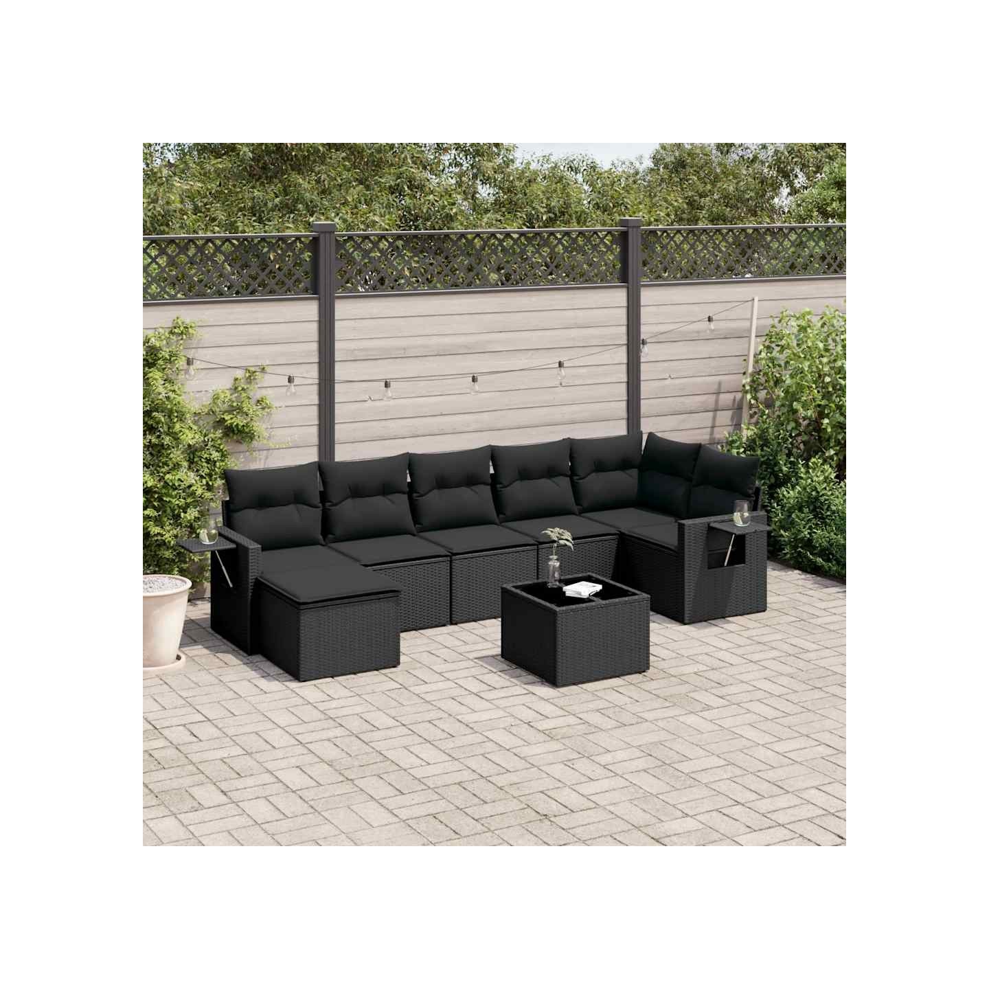 Salon de jardin 8 pcs avec coussins noir résine tressée
