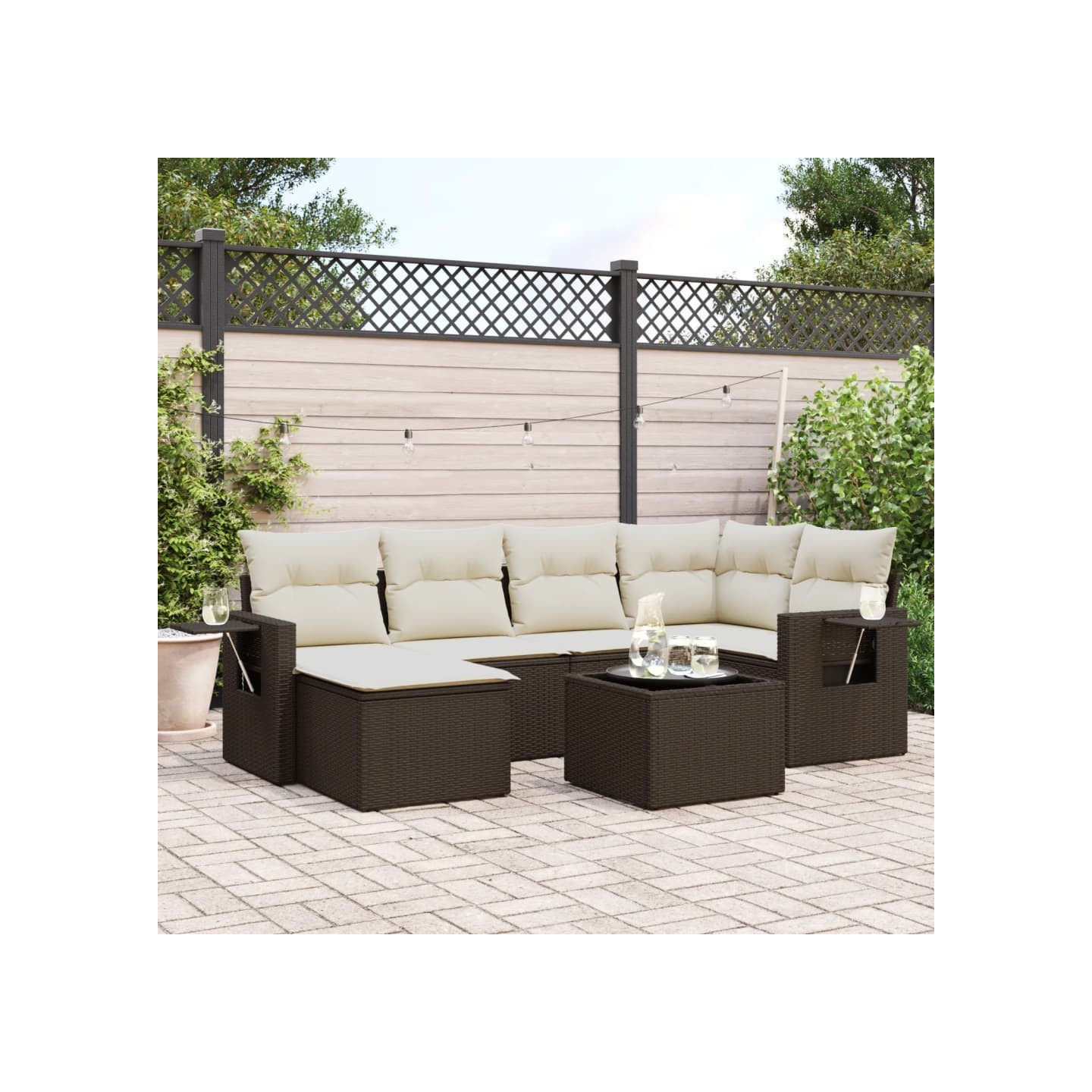 Salon de jardin avec coussins 7 pcs marron résine tressée