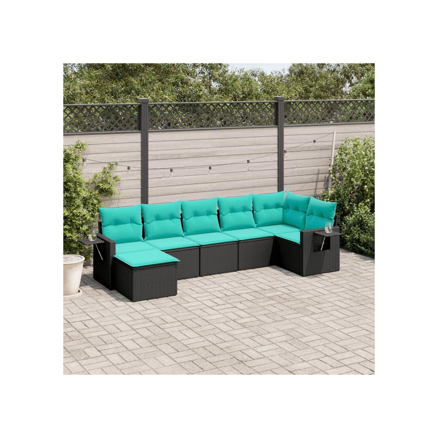 Salon de jardin 7 pcs avec coussins noir résine tressée