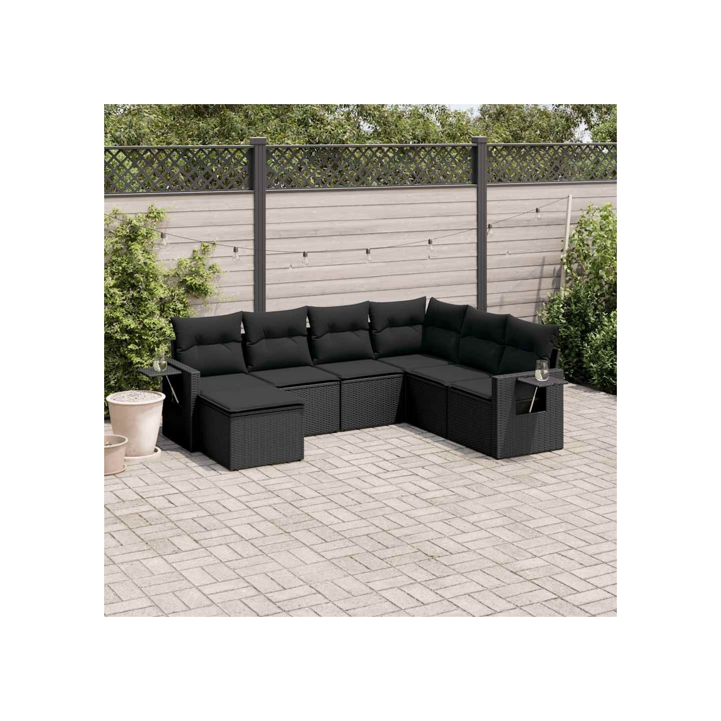 Salon de jardin 7 pcs avec coussins noir résine tressée
