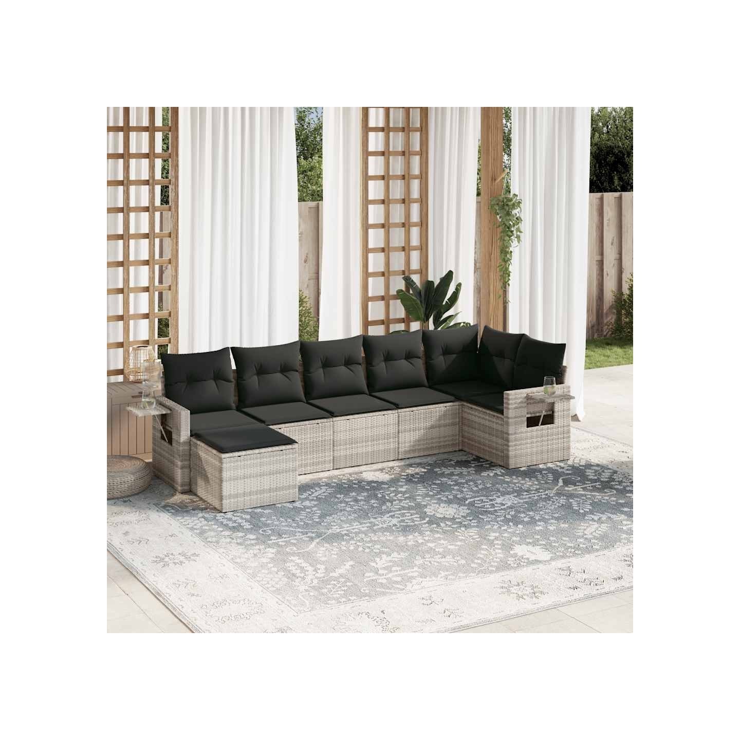 Salon de jardin avec coussins 7 pcs gris clair résine tressée