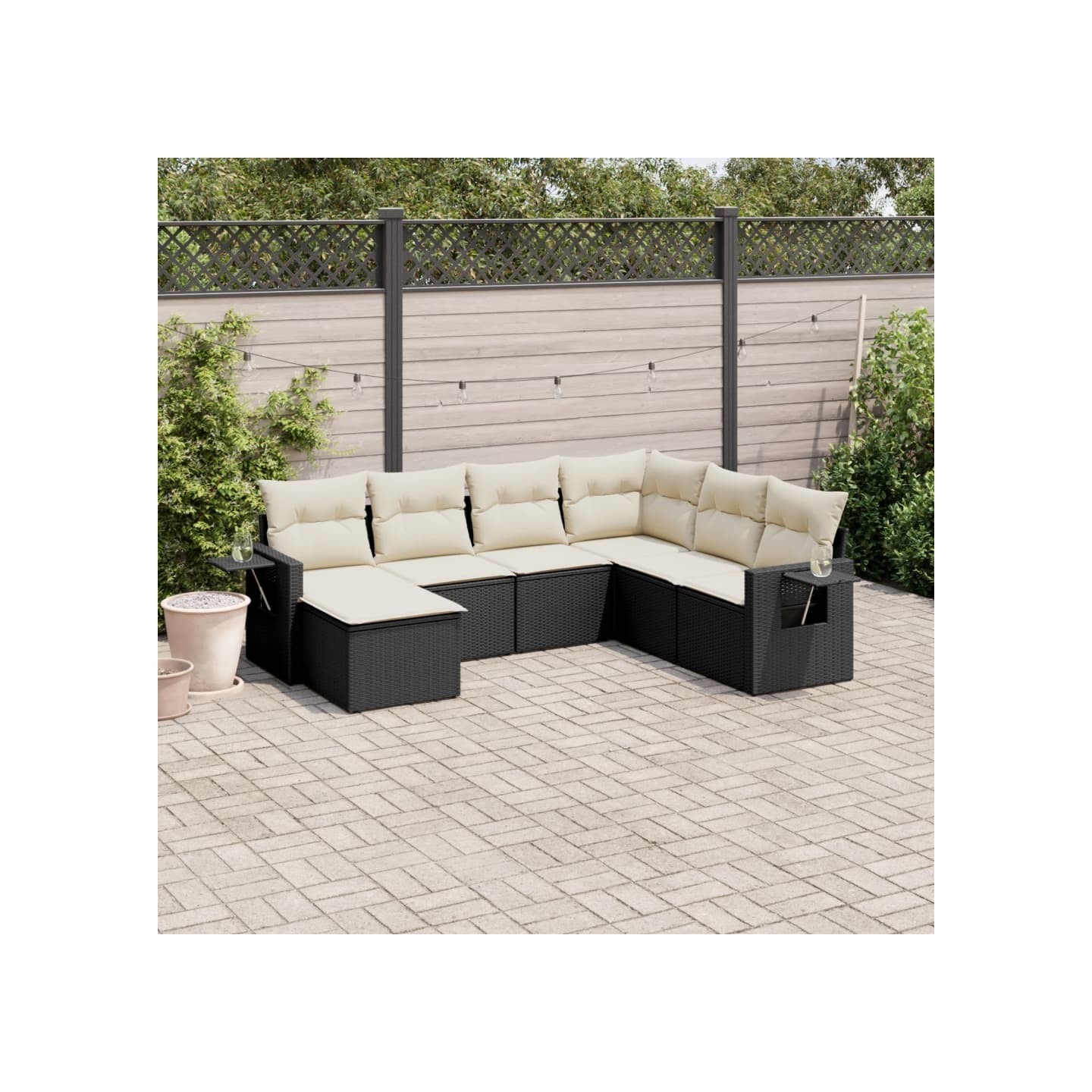 Salon de jardin 7 pcs avec coussins noir résine tressée