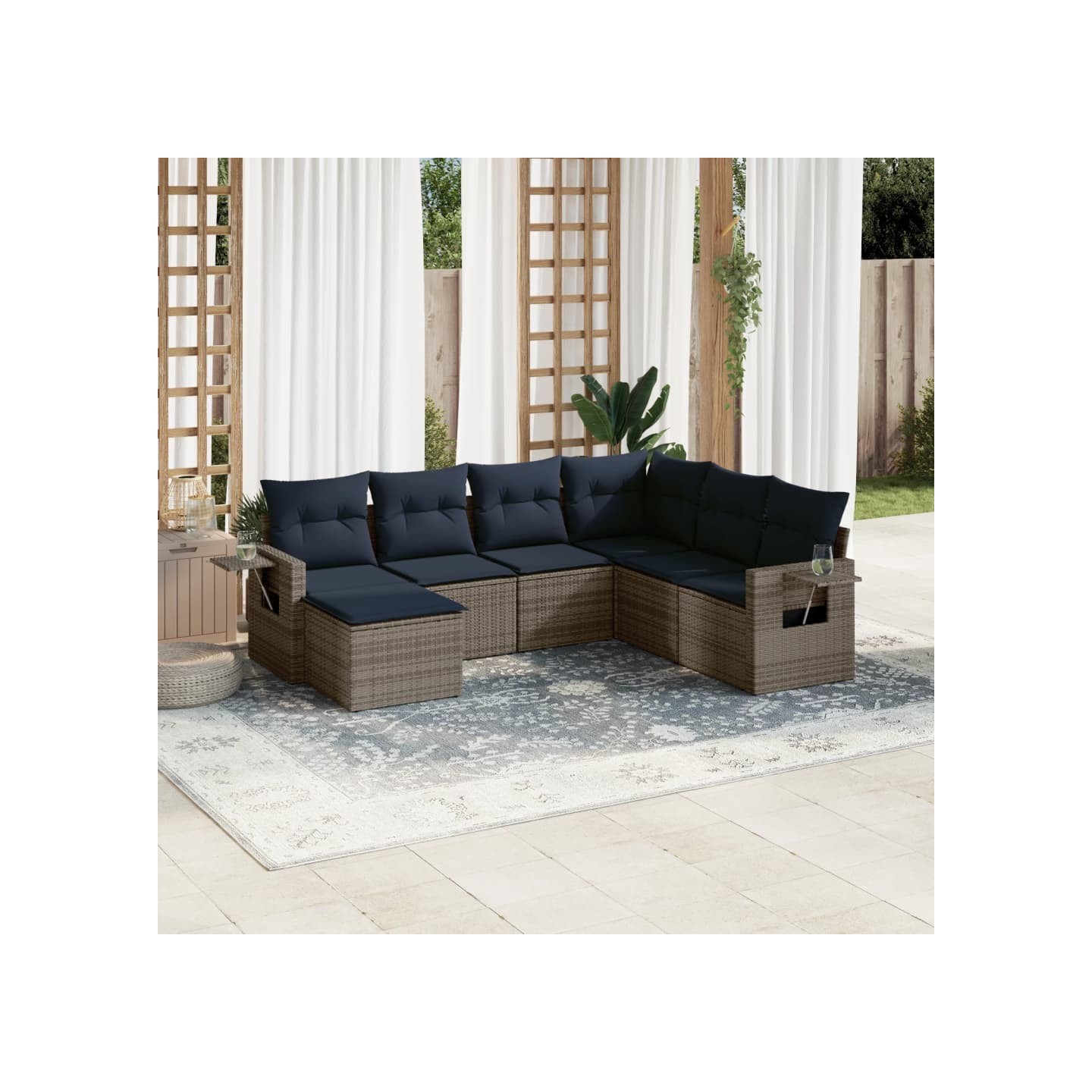Ensemble de canapé de jardin 7 pcs avec coussins gris résine tressée