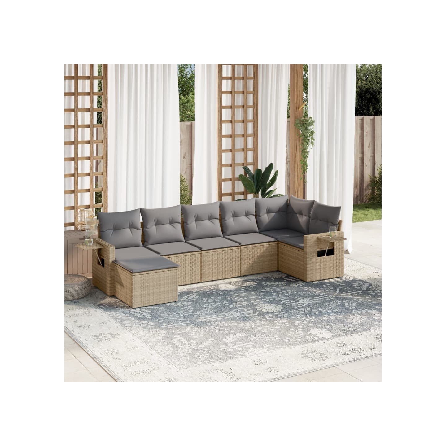Salon de jardin avec coussins 7 pcs beige résine tressée