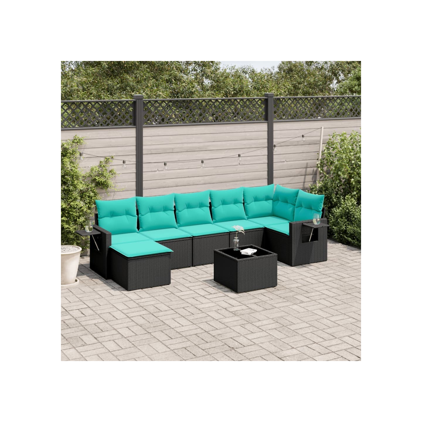 Ensemble de canapé de jardin 8 pcs avec coussins noir résine tressée